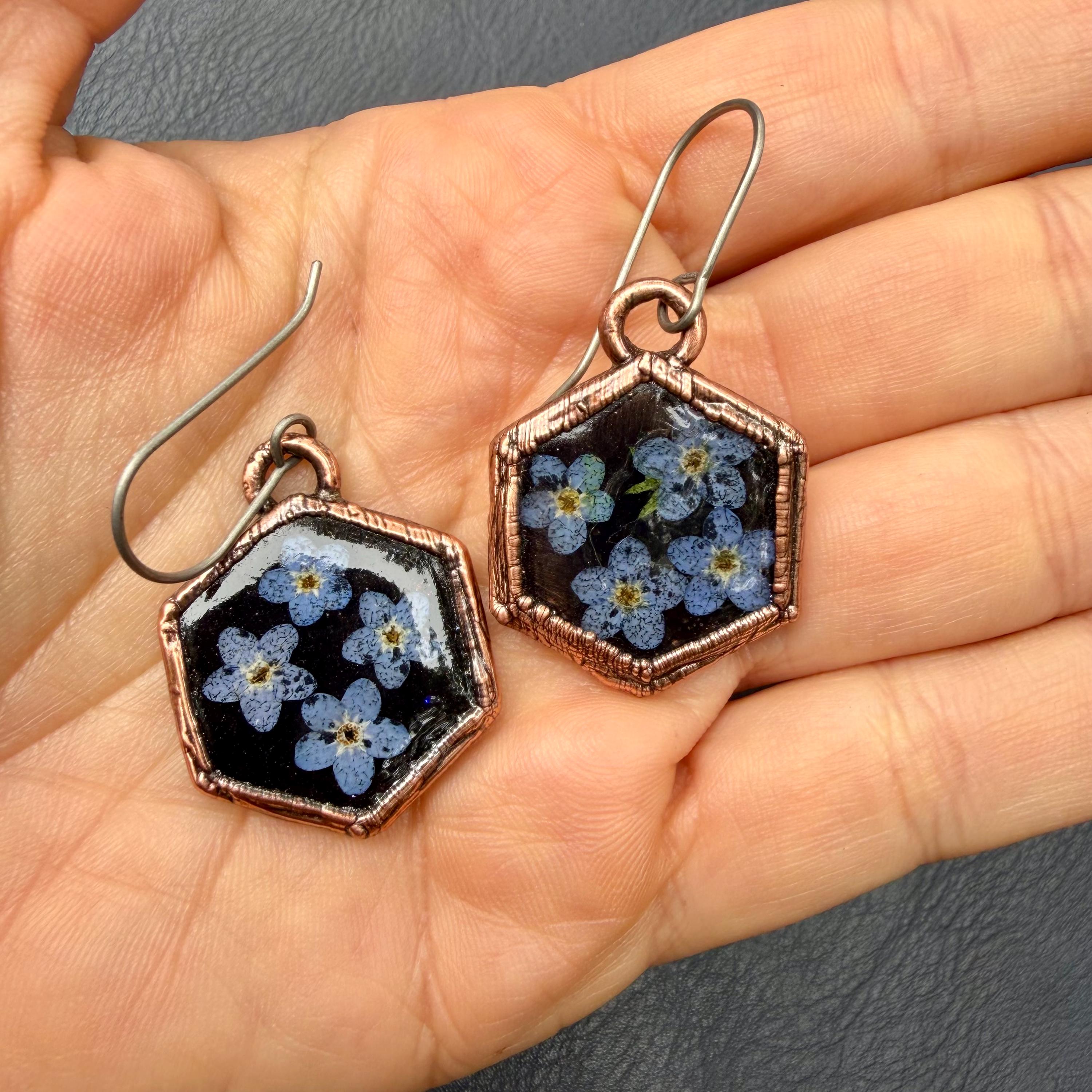 Forget Me Not Flower Dangle Earrings – Electroformed Copper – Handmade Botanical Jewelry