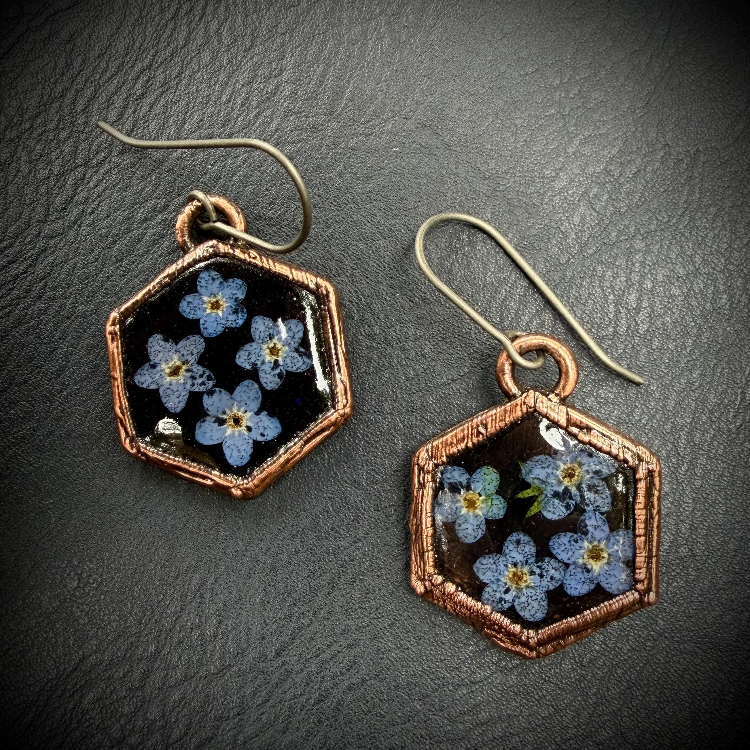 Forget Me Not Flower Dangle Earrings – Electroformed Copper – Handmade Botanical Jewelry