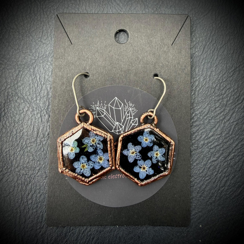 Forget Me Not Flower Dangle Earrings – Electroformed Copper – Handmade Botanical Jewelry
