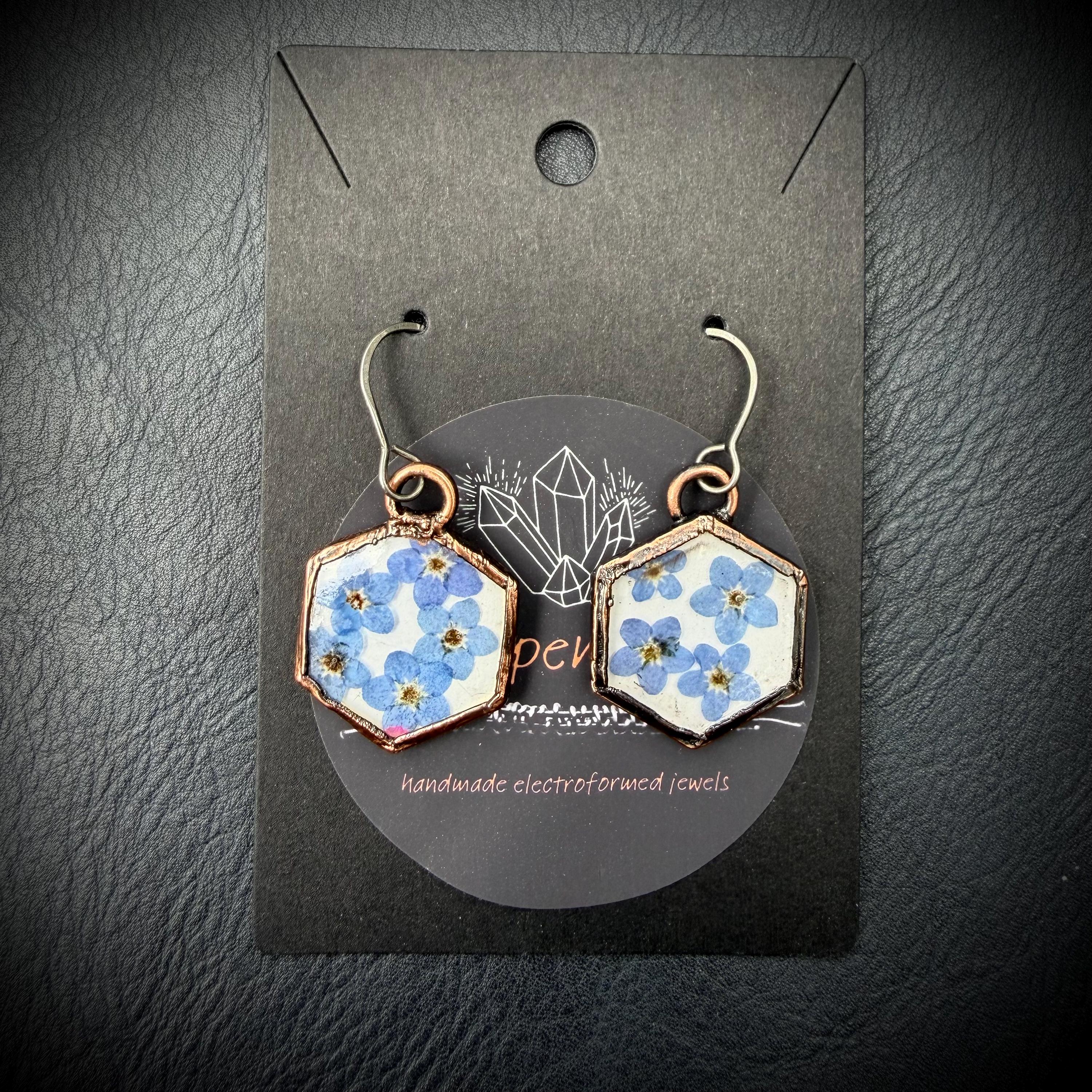 Forget Me Not Flower Dangle Earrings – Electroformed Copper – Handmade Botanical Jewelry