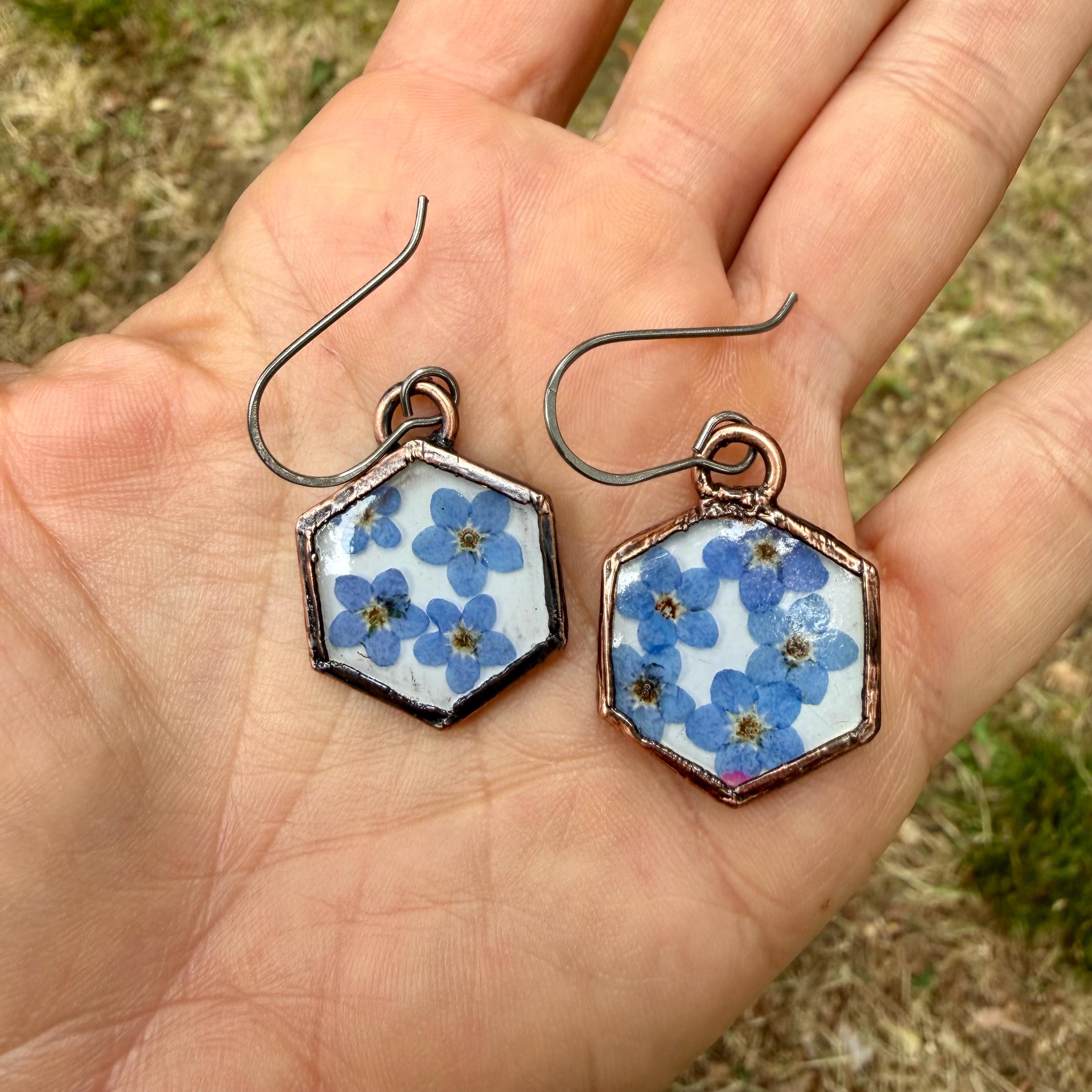 Forget Me Not Flower Dangle Earrings – Electroformed Copper – Handmade Botanical Jewelry