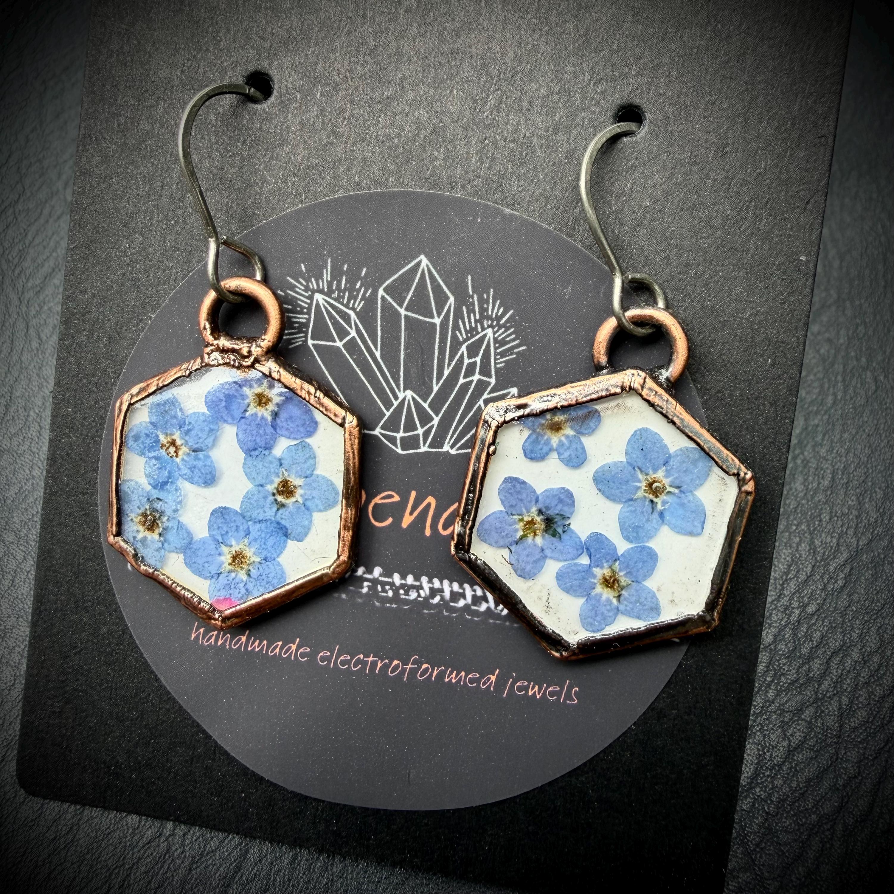 Forget Me Not Flower Dangle Earrings – Electroformed Copper – Handmade Botanical Jewelry