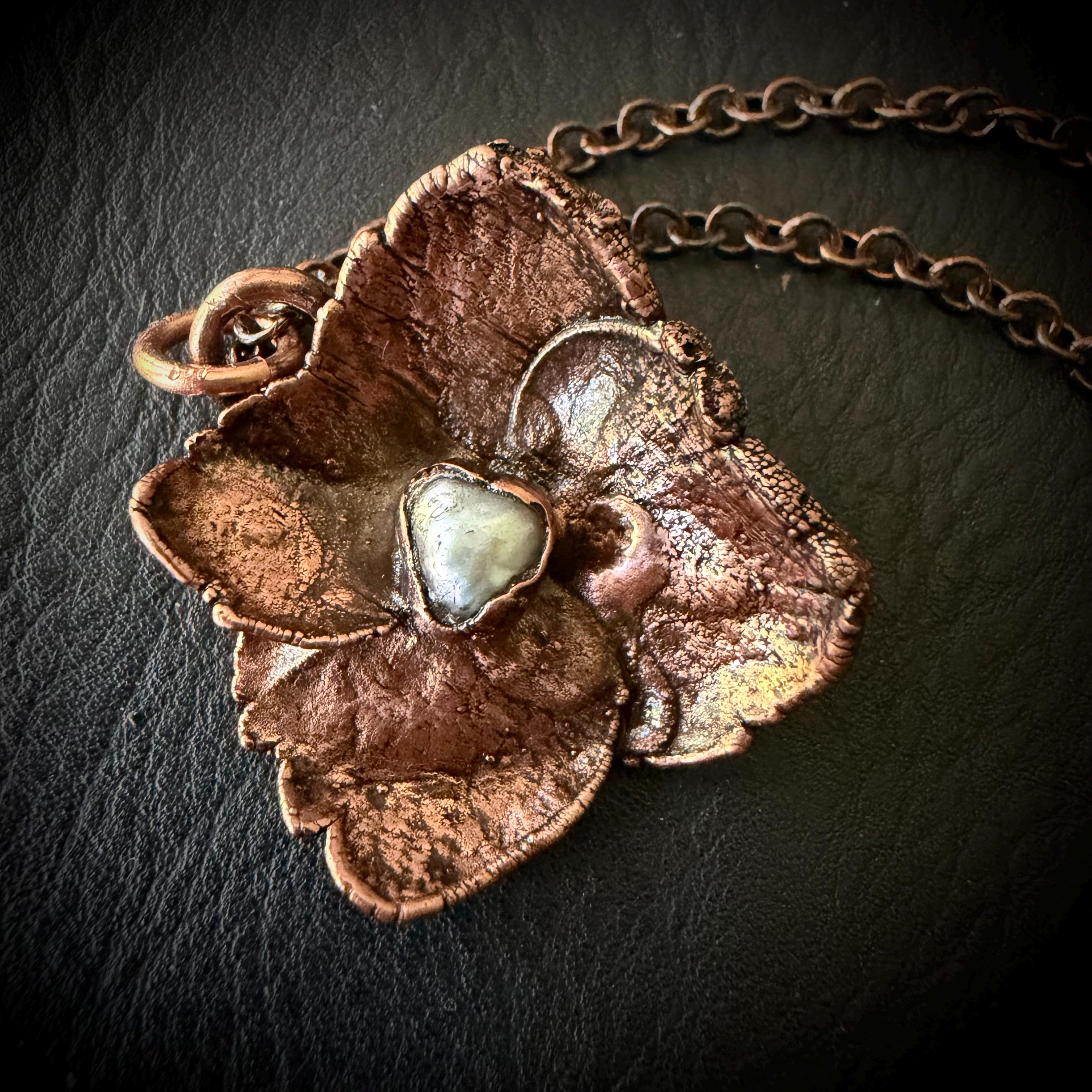 Hydrangea Flower Necklace with Pearl – Electroformed Copper Jewelry