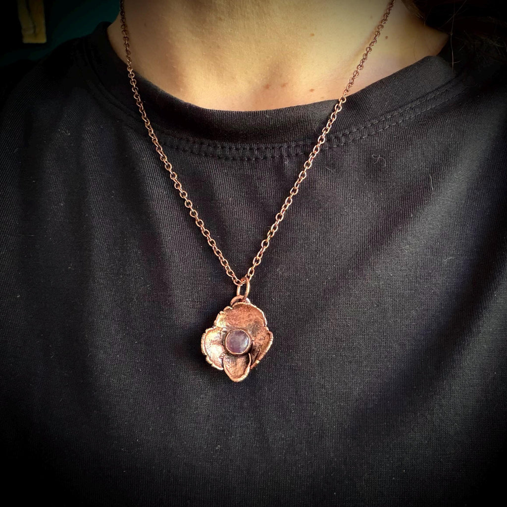 Hydrangea Flower Necklace with Amethyst – Electroformed Copper Jewelry