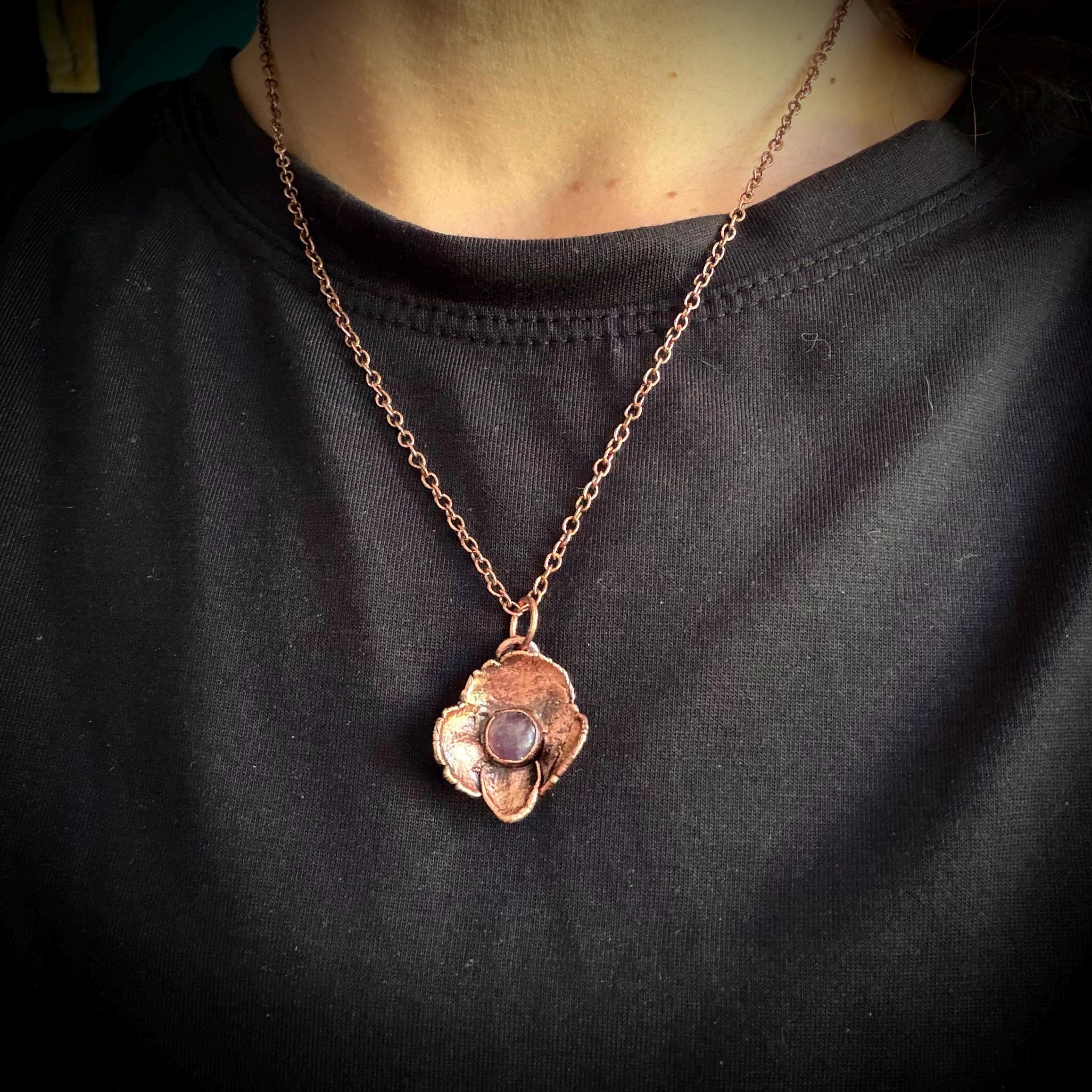 Hydrangea Flower Necklace with Amethyst – Electroformed Copper Jewelry