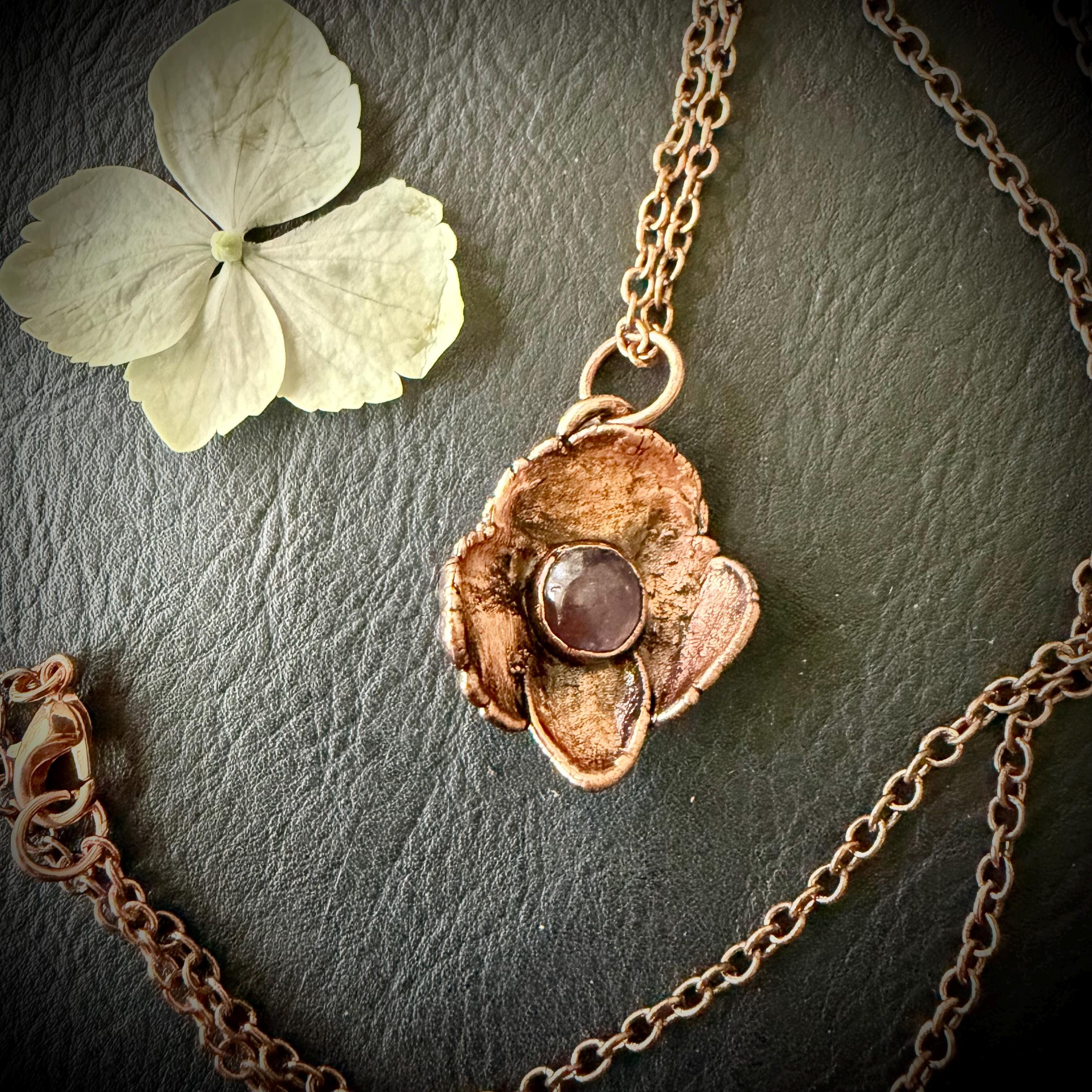 Hydrangea Flower Necklace with Amethyst – Electroformed Copper Jewelry