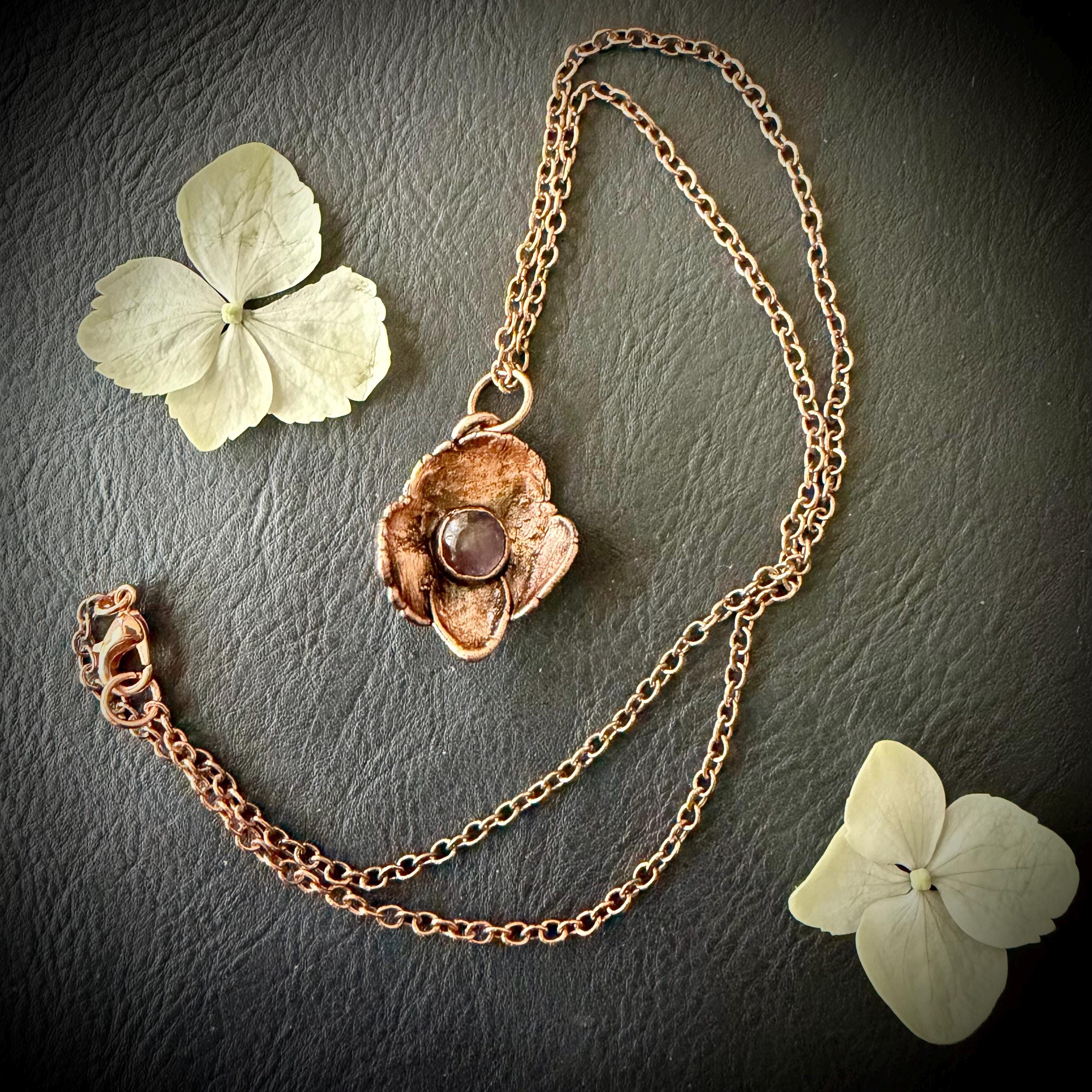 Hydrangea Flower Necklace with Amethyst – Electroformed Copper Jewelry