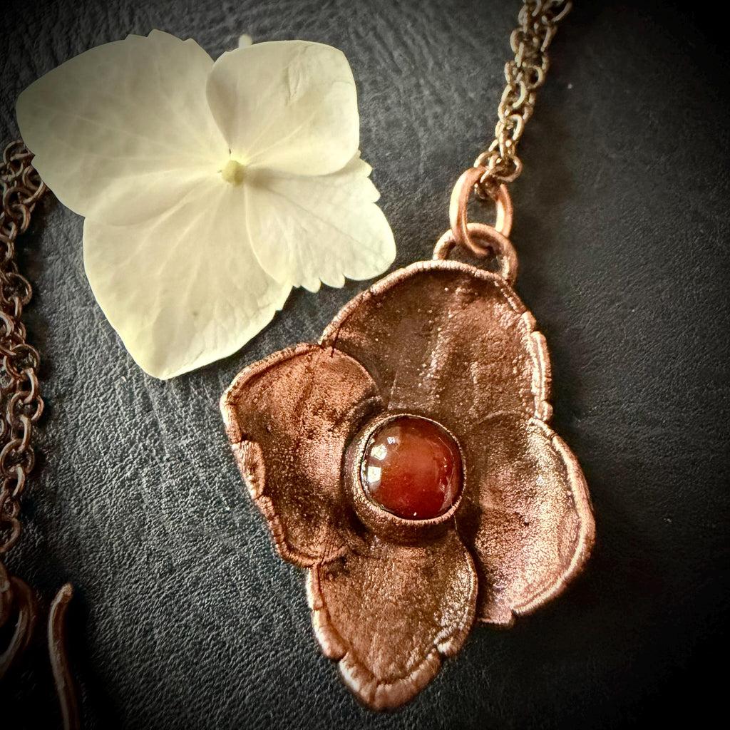 Hydrangea Flower Necklace with Carnelian – Electroformed Copper Jewelry