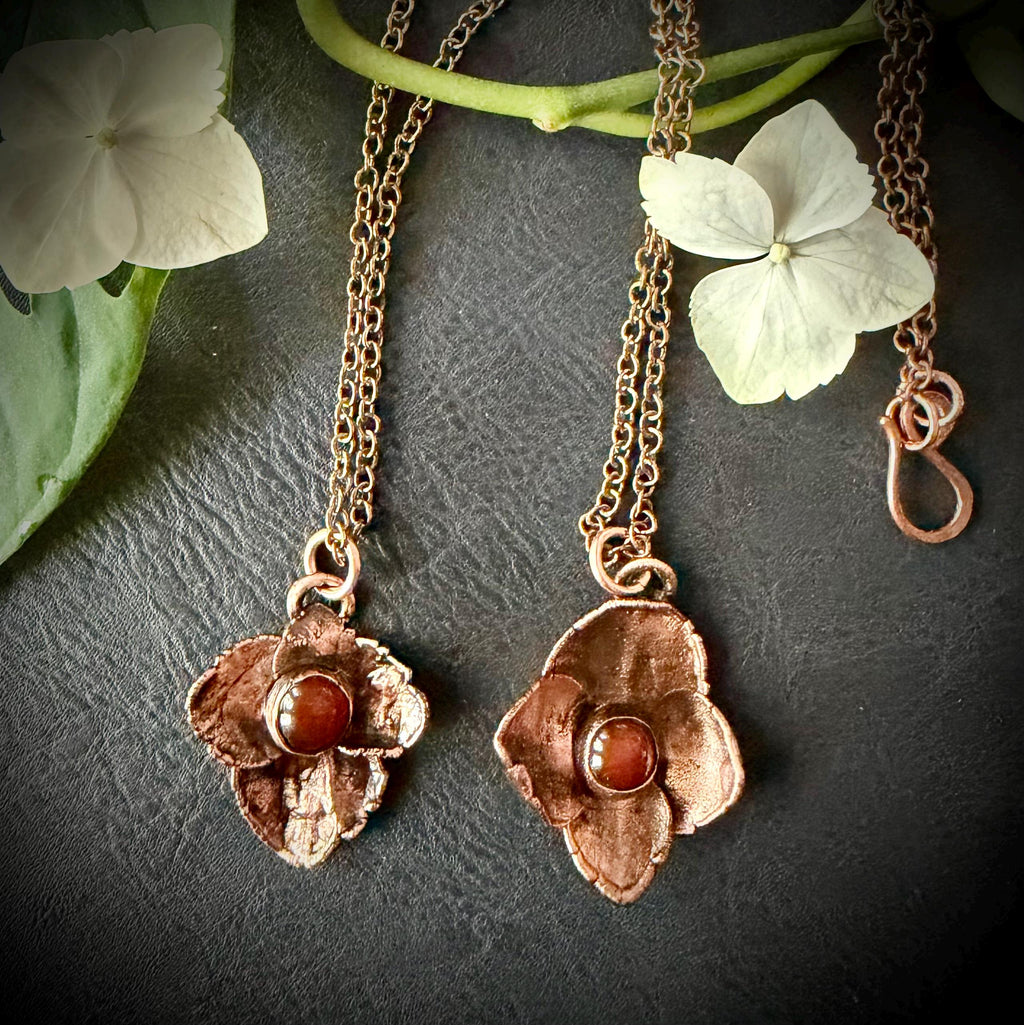 Hydrangea Flower Necklace with Carnelian – Electroformed Copper Jewelry