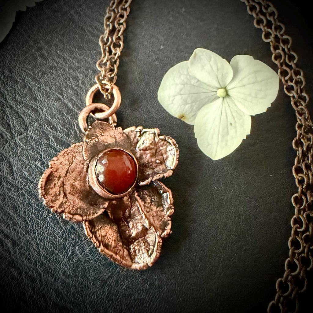 Hydrangea Flower Necklace with Carnelian – Electroformed Copper Jewelry