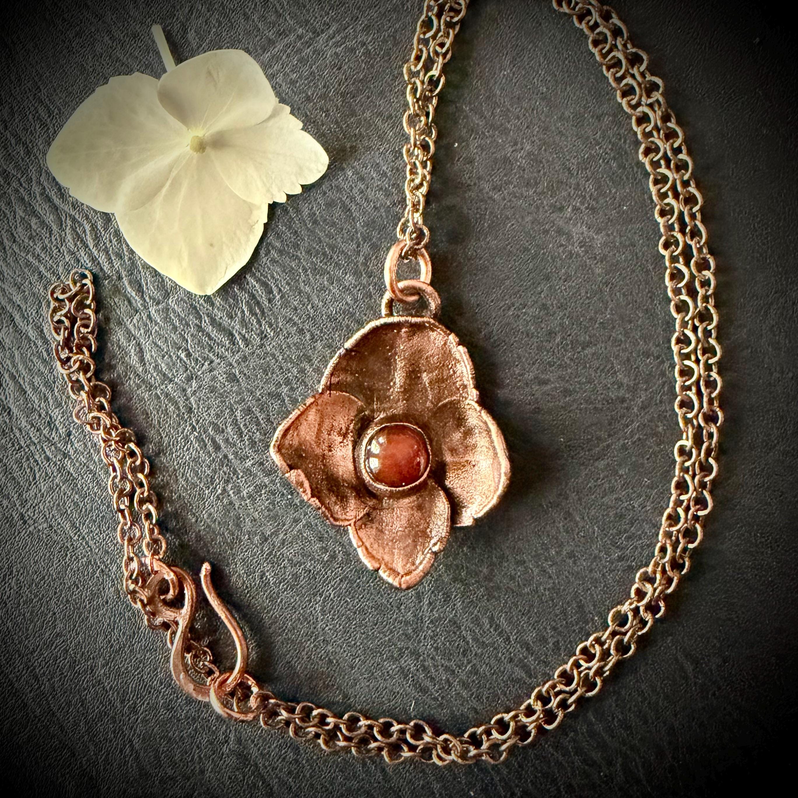 Hydrangea Flower Necklace with Carnelian – Electroformed Copper Jewelry
