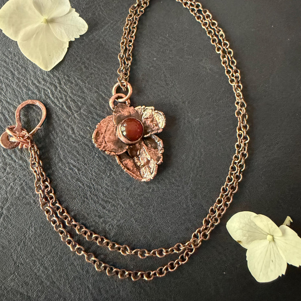 Hydrangea Flower Necklace with Carnelian – Electroformed Copper Jewelry