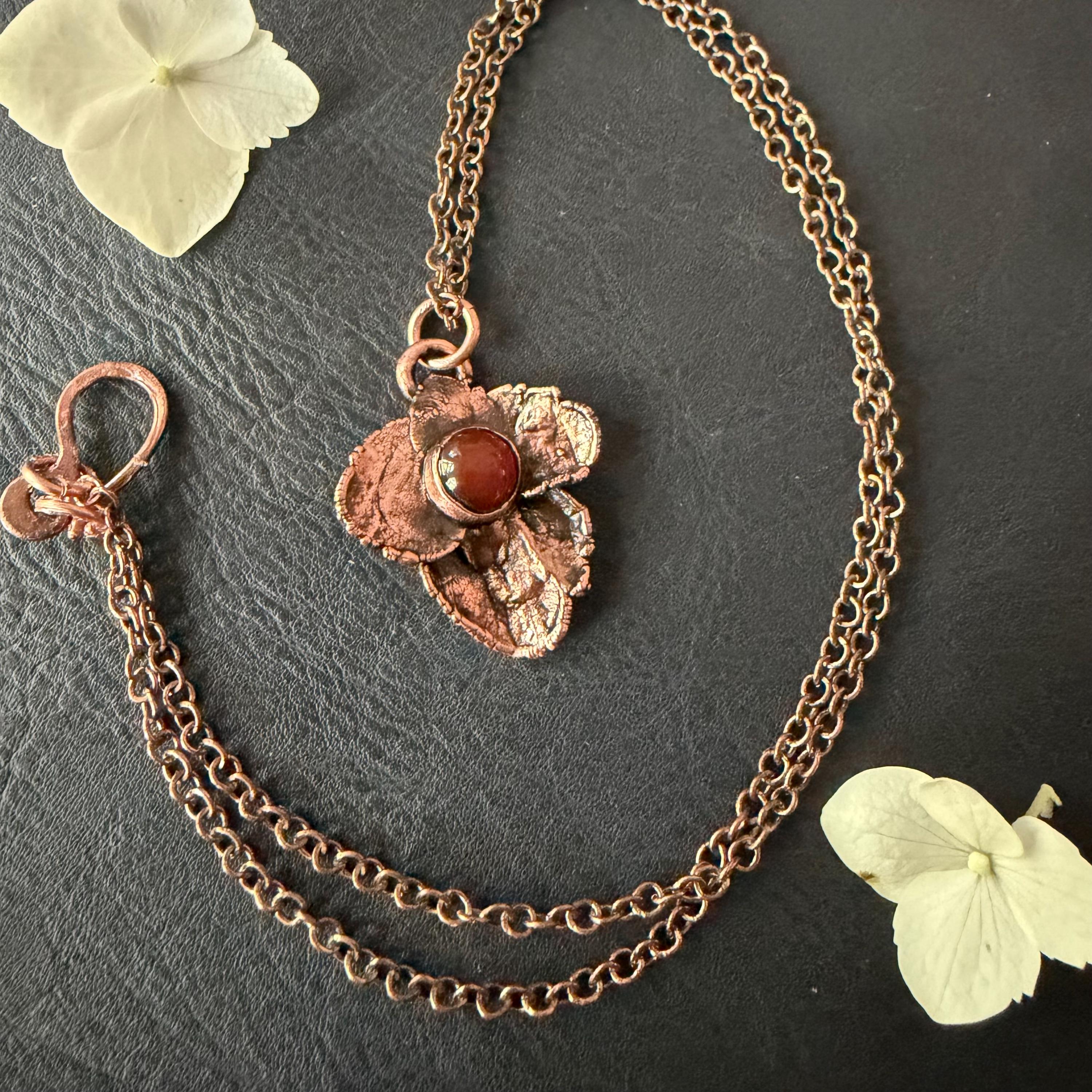 Hydrangea Flower Necklace with Carnelian – Electroformed Copper Jewelry