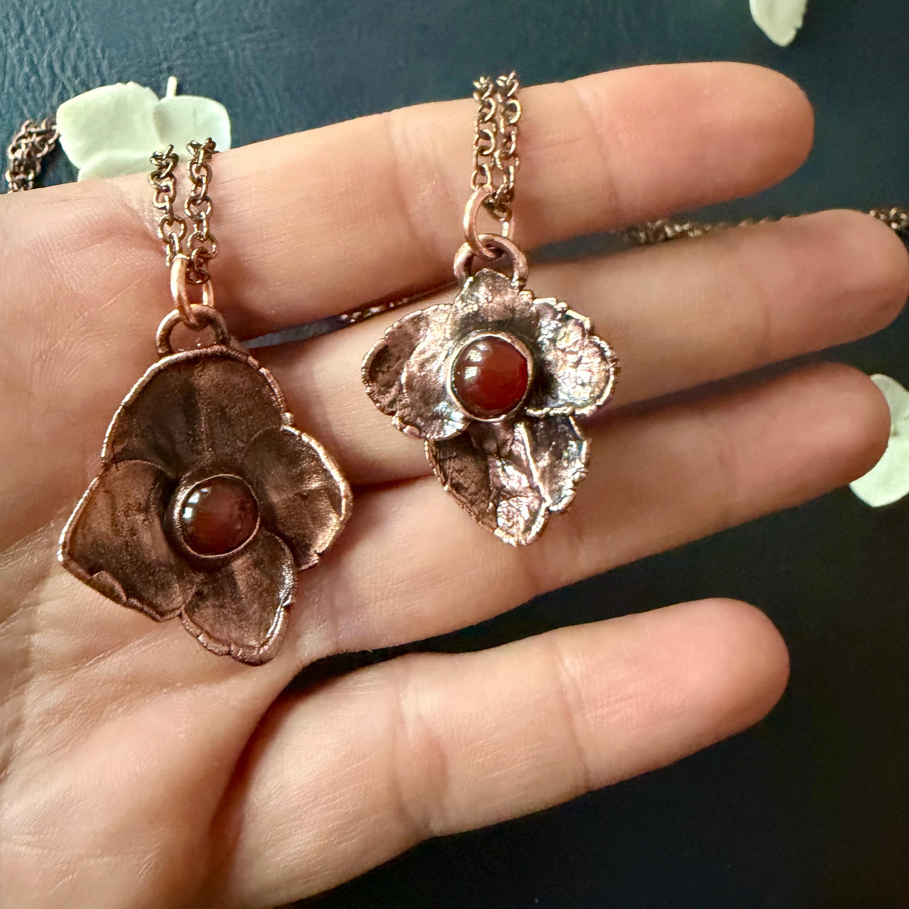Hydrangea Flower Necklace with Carnelian – Electroformed Copper Jewelry