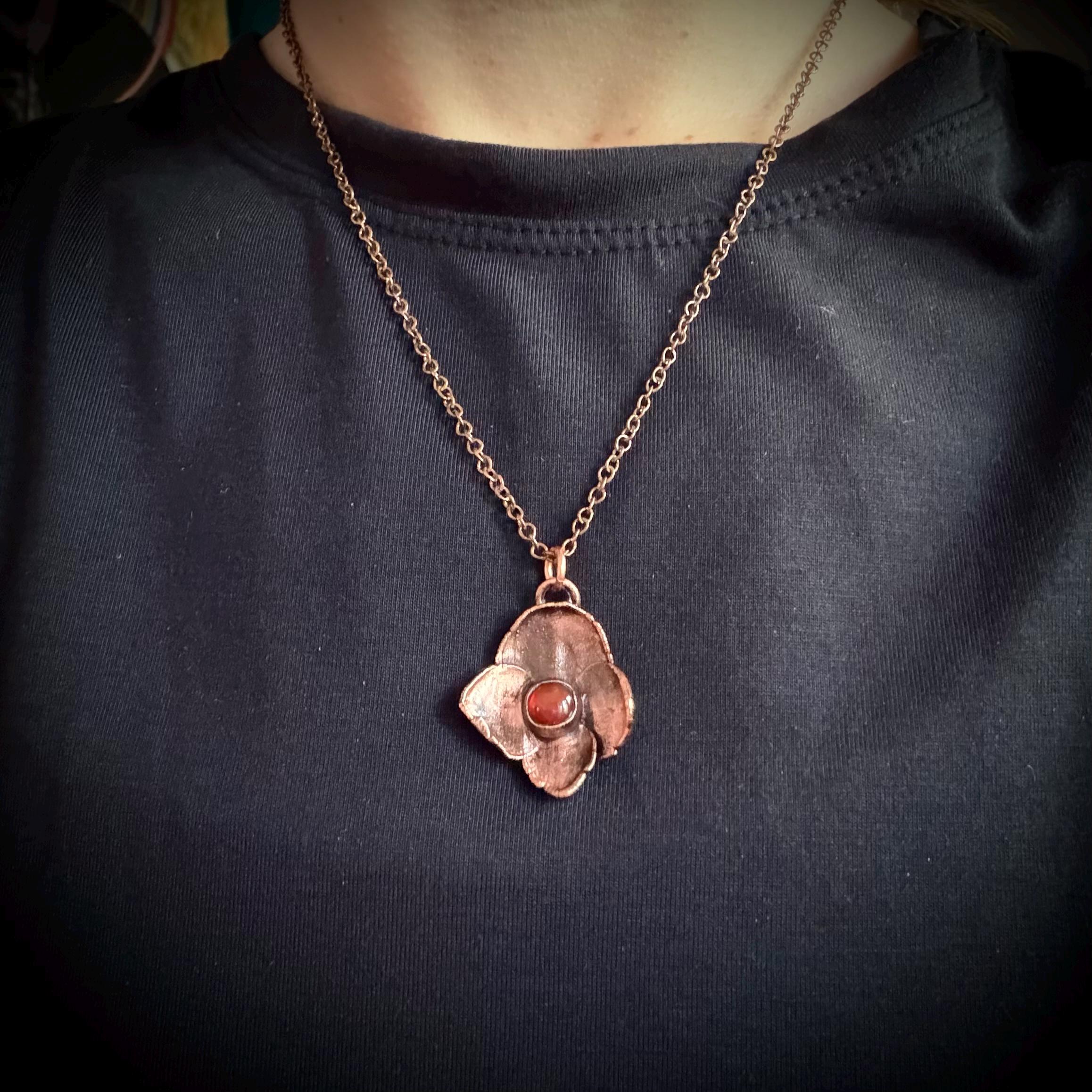 Hydrangea Flower Necklace with Carnelian – Electroformed Copper Jewelry