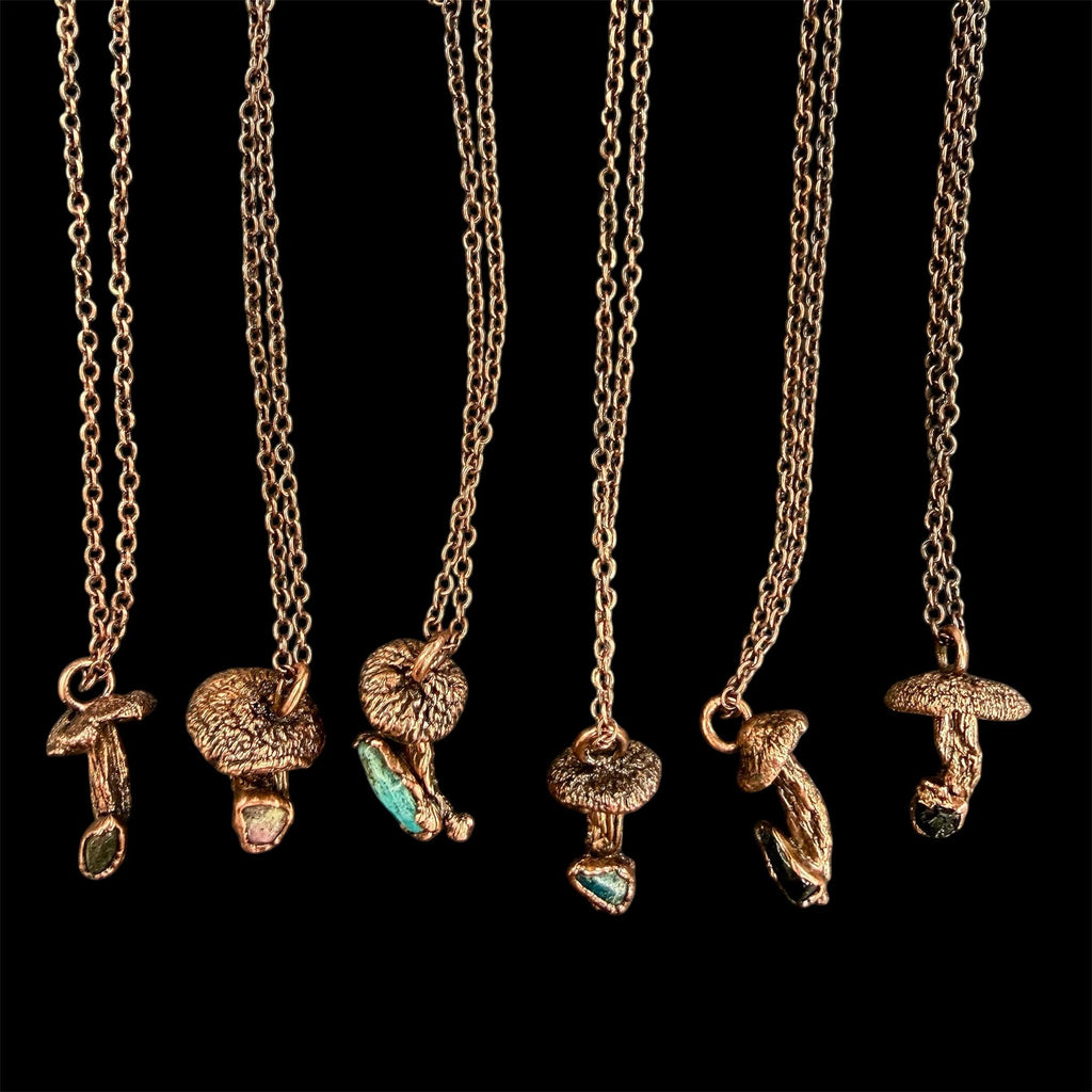 Real Mushroom Necklace with Gemstone | Electroformed Copper Pendant | Nature Jewelry | One of a Kind Crystal Necklace