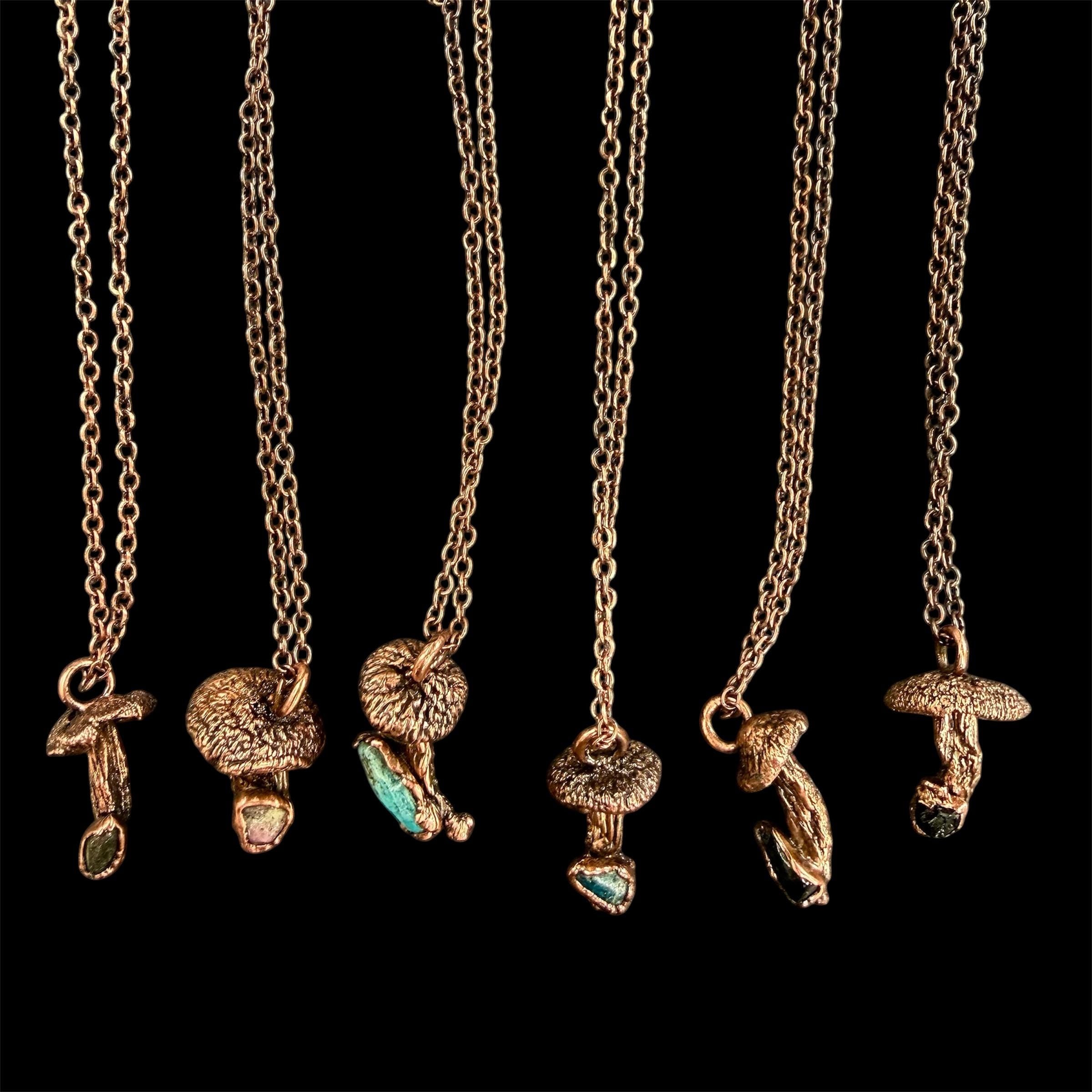 Real Mushroom Necklace with Gemstone | Electroformed Copper Pendant | Nature Jewelry | One of a Kind Crystal Necklace
