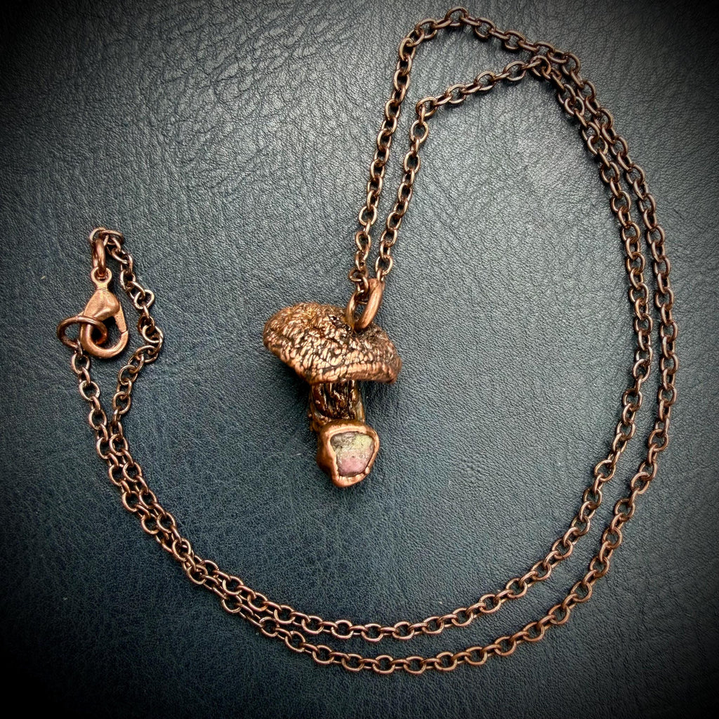 Real Mushroom Necklace with Gemstone | Electroformed Copper Pendant | Nature Jewelry | One of a Kind Crystal Necklace