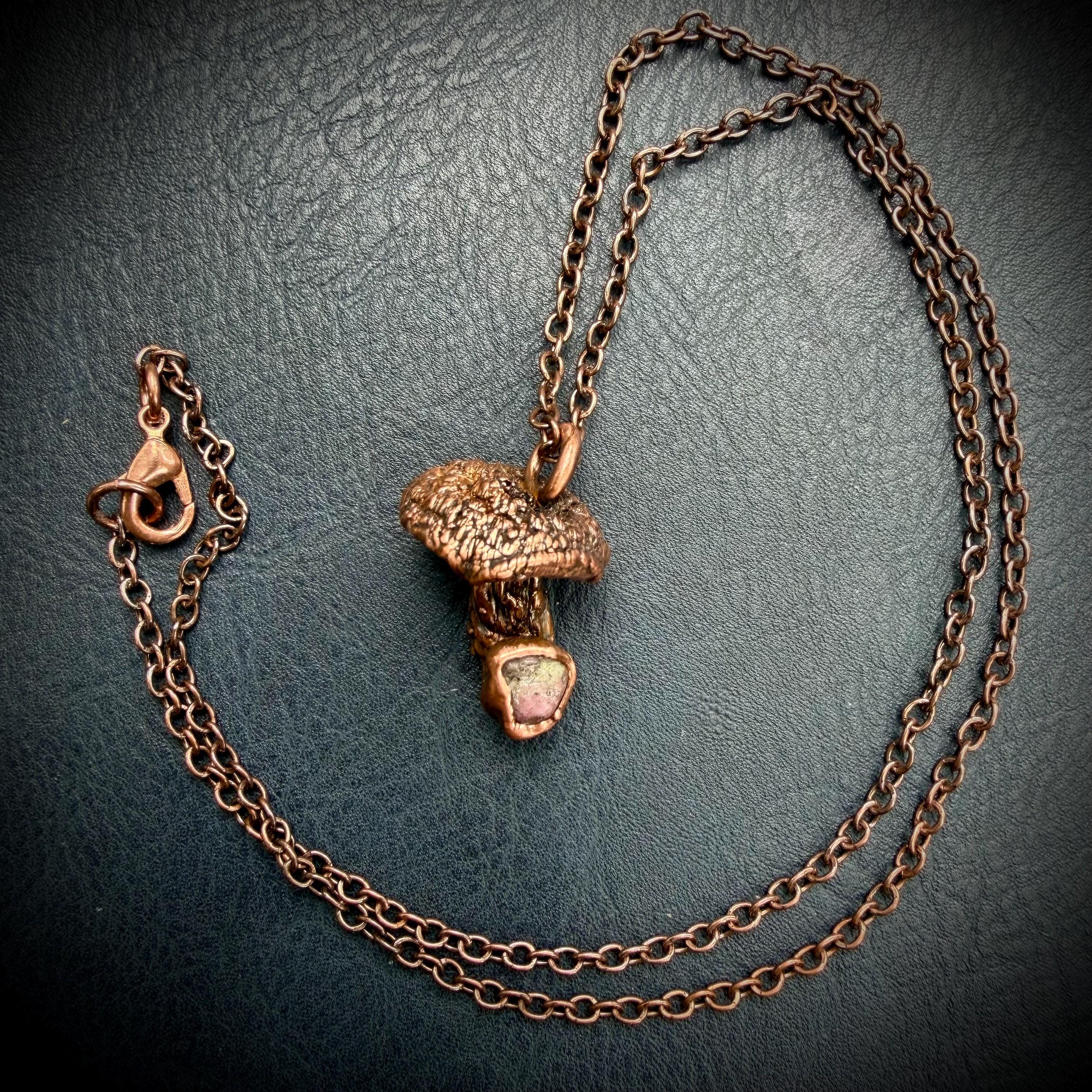 Real Mushroom Necklace with Gemstone | Electroformed Copper Pendant | Nature Jewelry | One of a Kind Crystal Necklace
