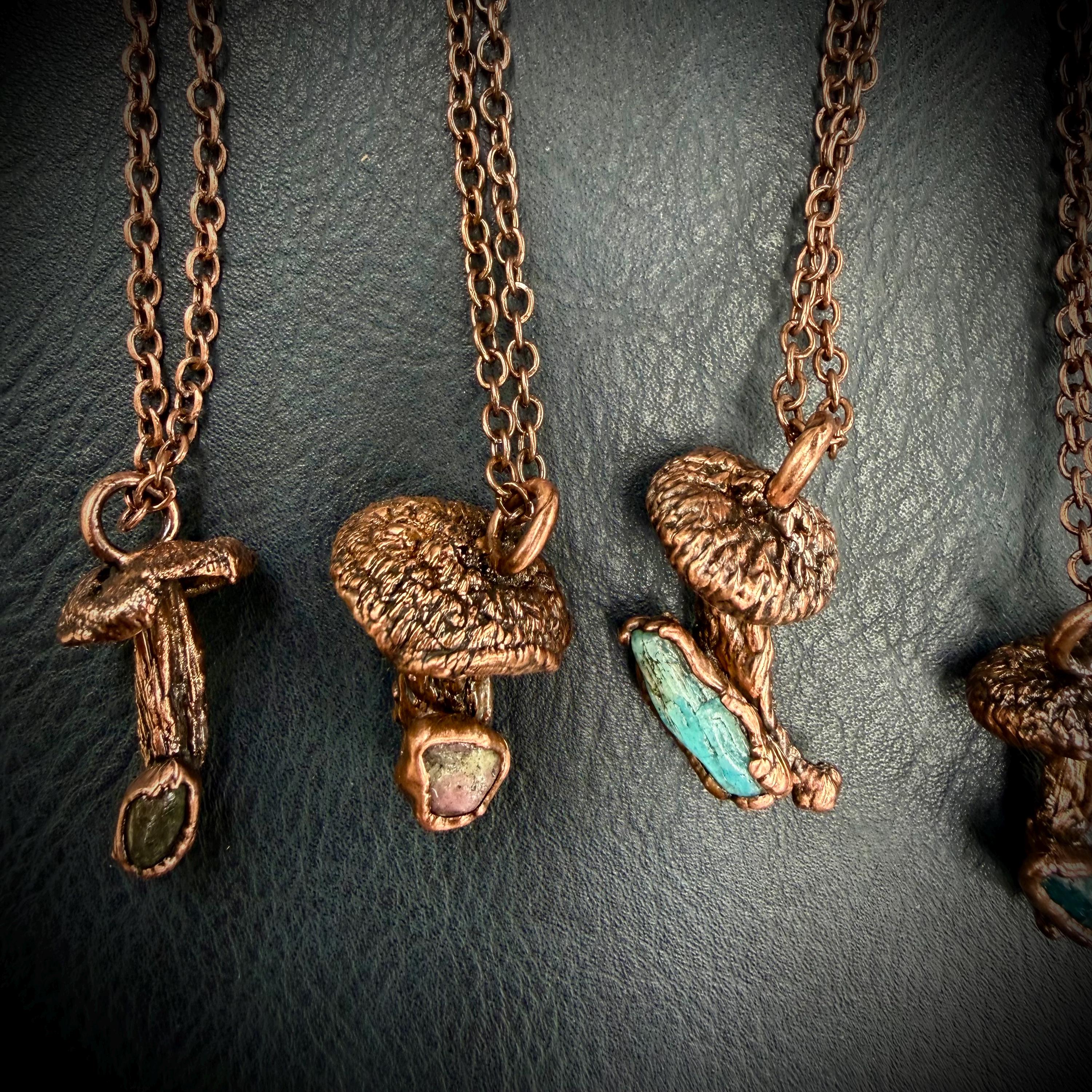 Real Mushroom Necklace with Gemstone | Electroformed Copper Pendant | Nature Jewelry | One of a Kind Crystal Necklace