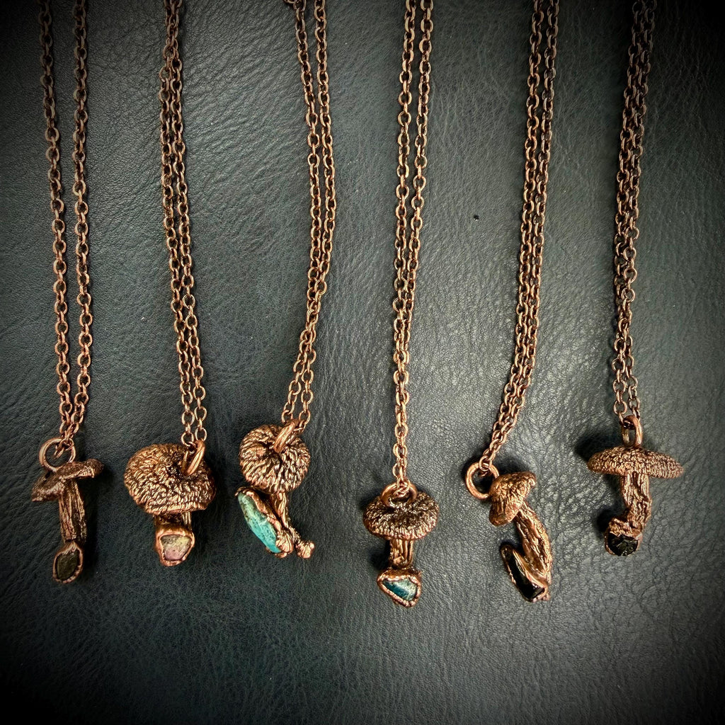 Real Mushroom Necklace with Gemstone | Electroformed Copper Pendant | Nature Jewelry | One of a Kind Crystal Necklace
