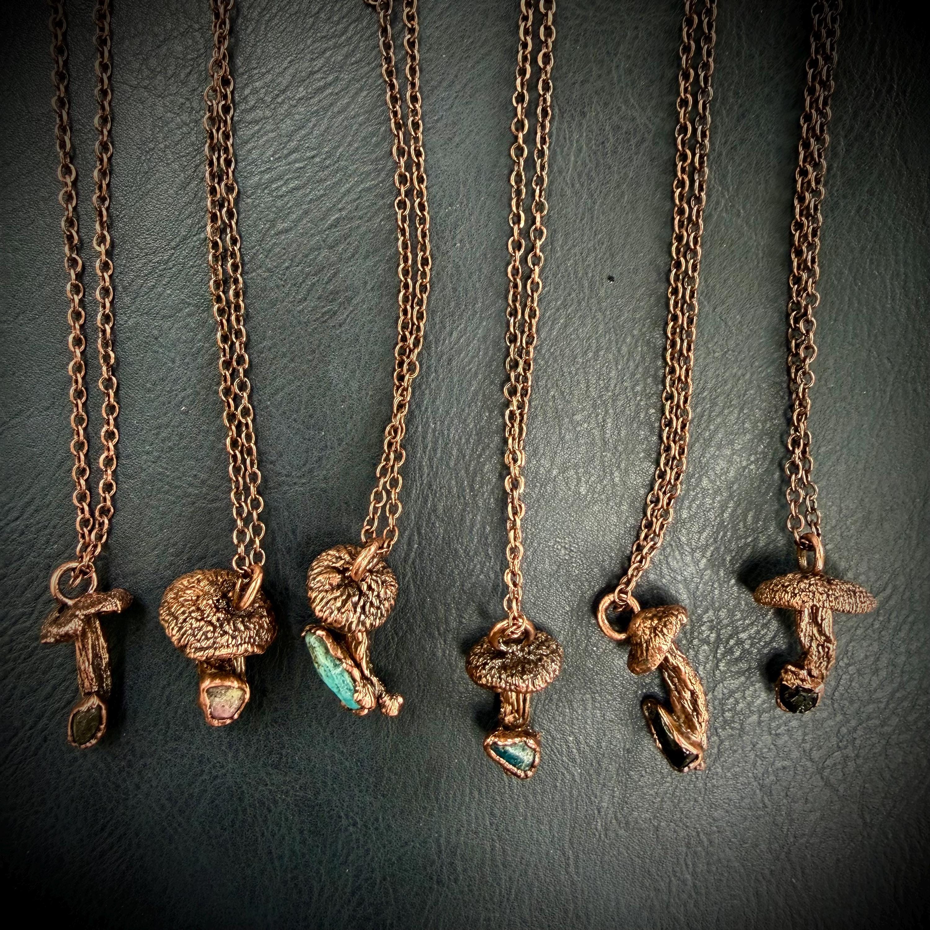 Real Mushroom Necklace with Gemstone | Electroformed Copper Pendant | Nature Jewelry | One of a Kind Crystal Necklace