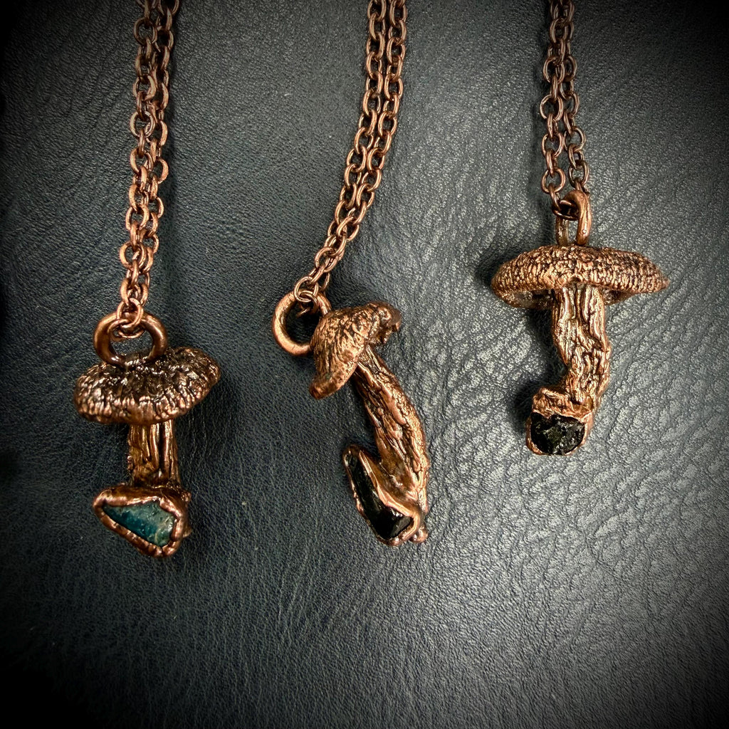 Real Mushroom Necklace with Gemstone | Electroformed Copper Pendant | Nature Jewelry | One of a Kind Crystal Necklace