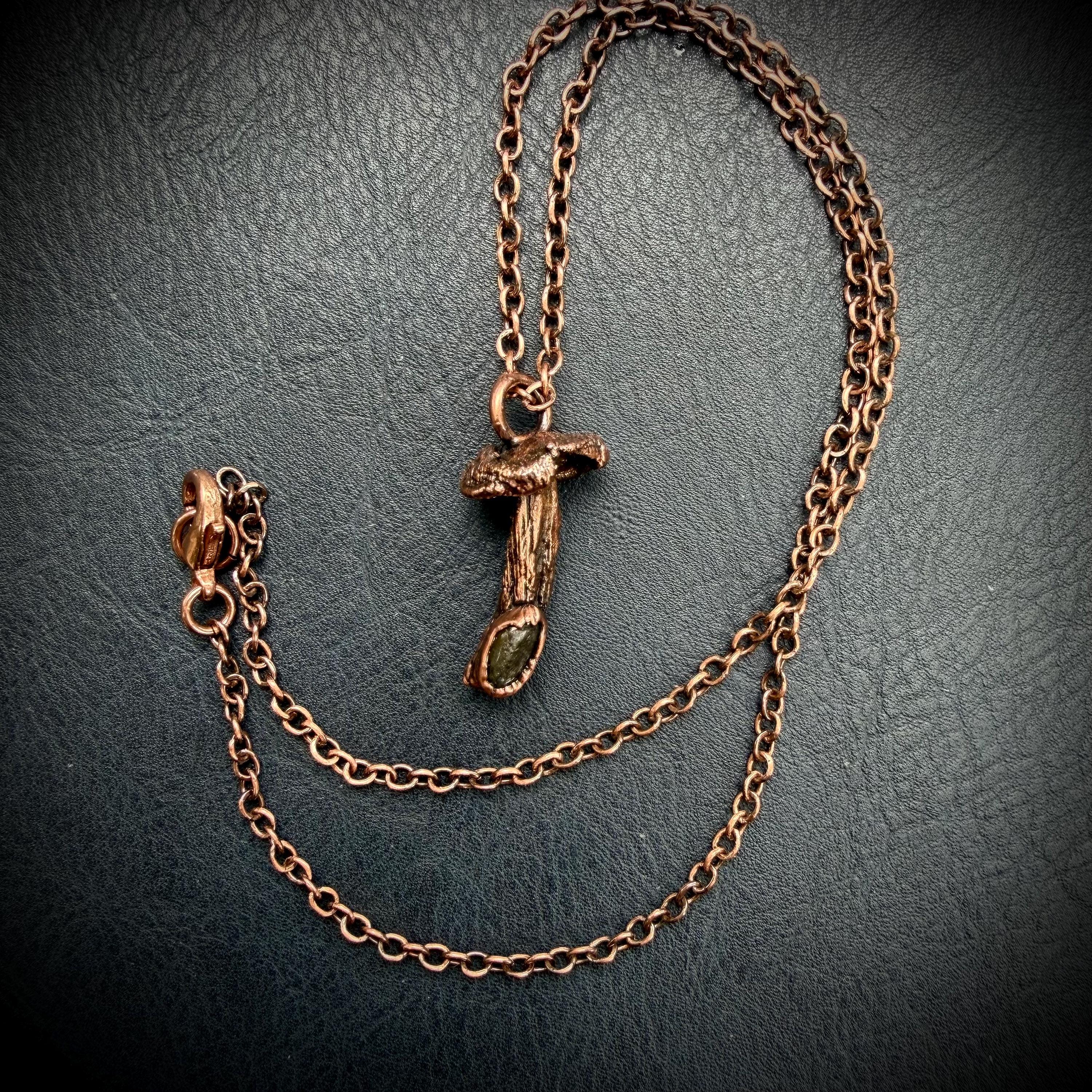 Real Mushroom Necklace with Gemstone | Electroformed Copper Pendant | Nature Jewelry | One of a Kind Crystal Necklace