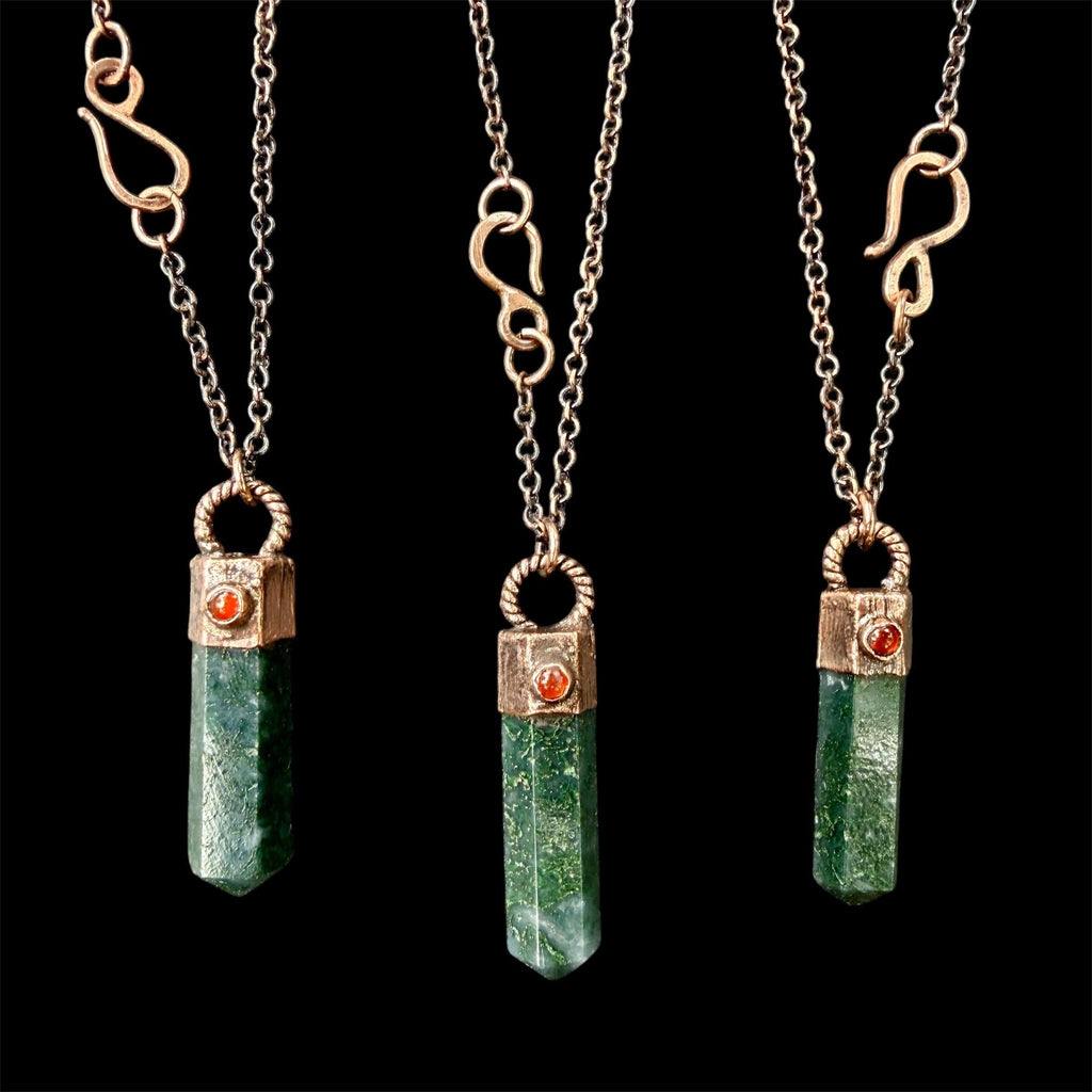 Moss Agate Crystal Point Necklace with Carnelian | Electroformed Copper Pendant | Handmade Patina Chain | Nature-Inspired Jewelry