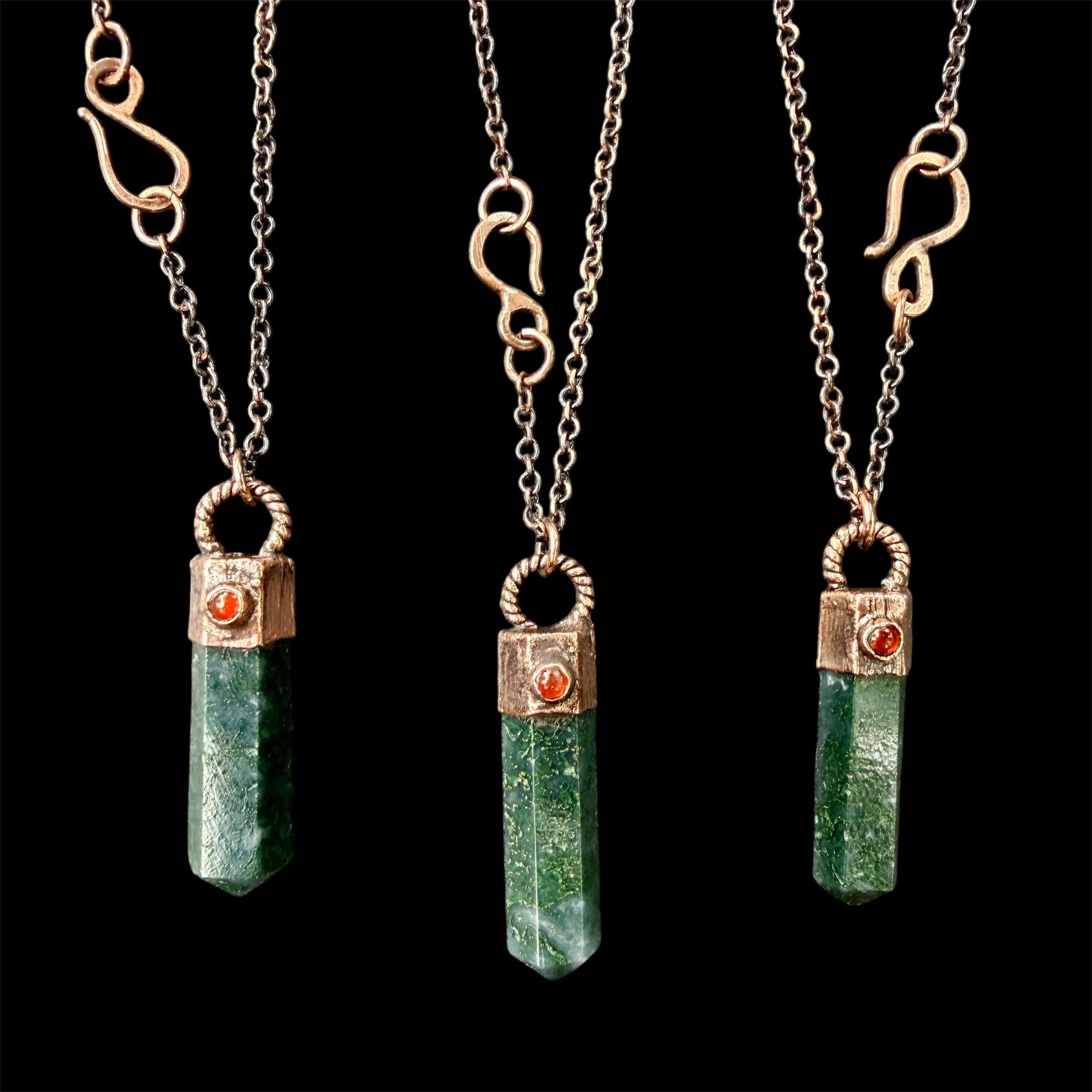 Moss Agate Crystal Point Necklace with Carnelian | Electroformed Copper Pendant | Handmade Patina Chain | Nature-Inspired Jewelry