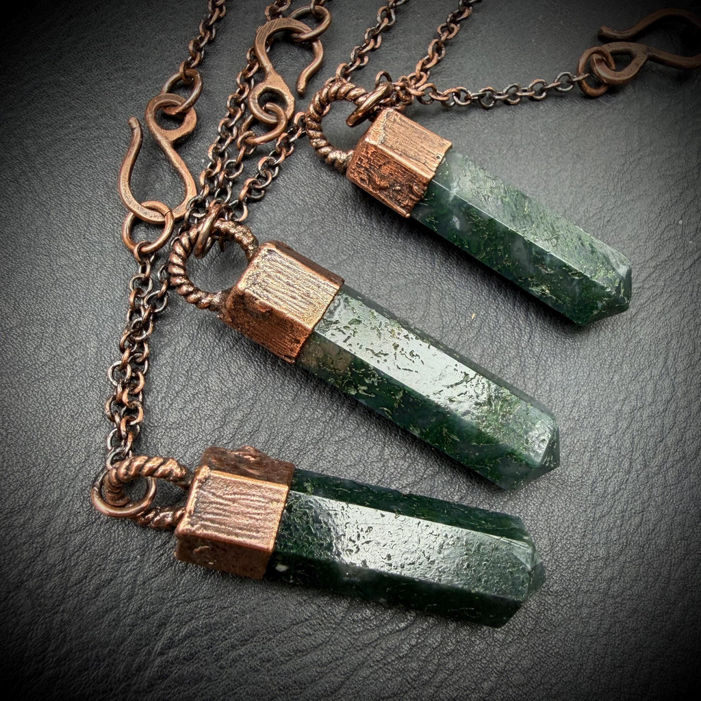 Moss Agate Crystal Point Necklace with Carnelian | Electroformed Copper Pendant | Handmade Patina Chain | Nature-Inspired Jewelry