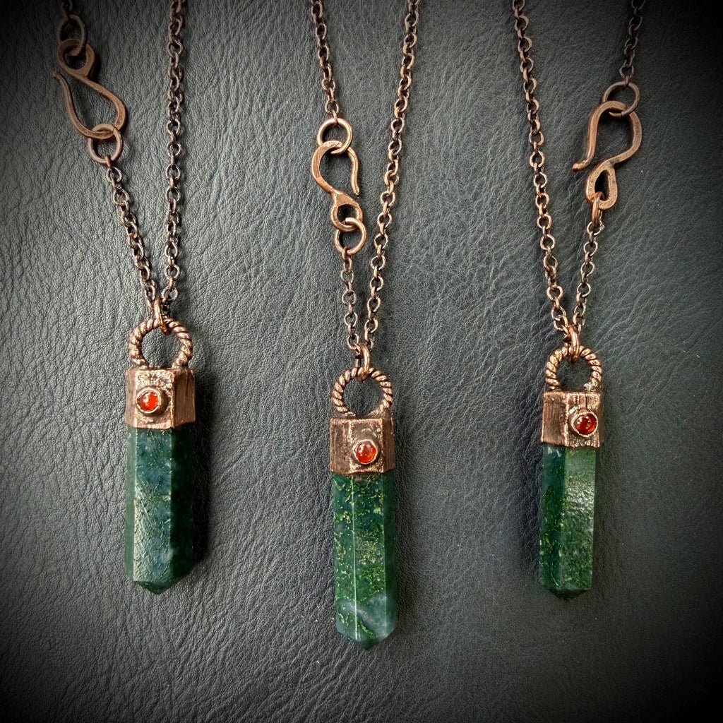 Moss Agate Crystal Point Necklace with Carnelian | Electroformed Copper Pendant | Handmade Patina Chain | Nature-Inspired Jewelry