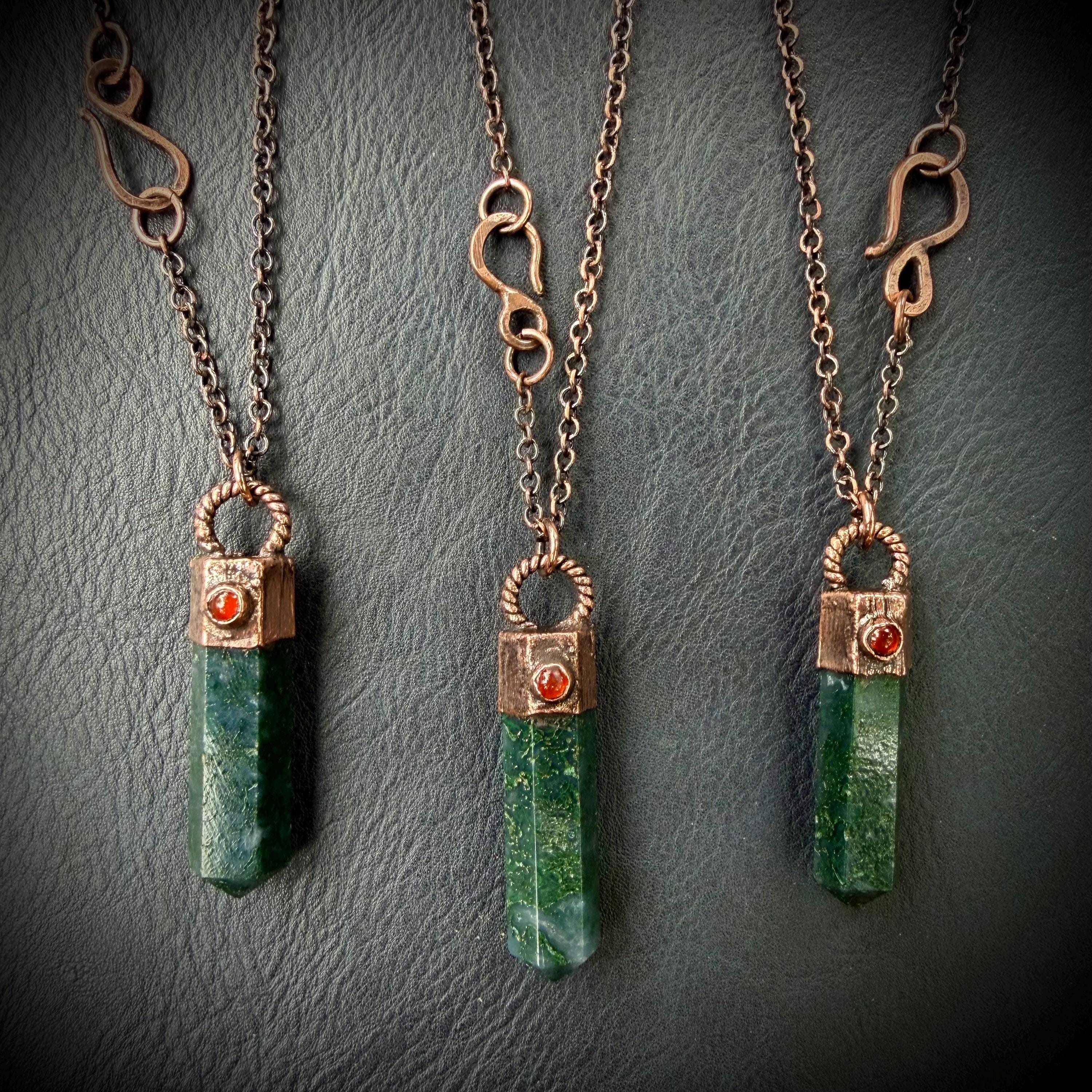 Moss Agate Crystal Point Necklace with Carnelian | Electroformed Copper Pendant | Handmade Patina Chain | Nature-Inspired Jewelry