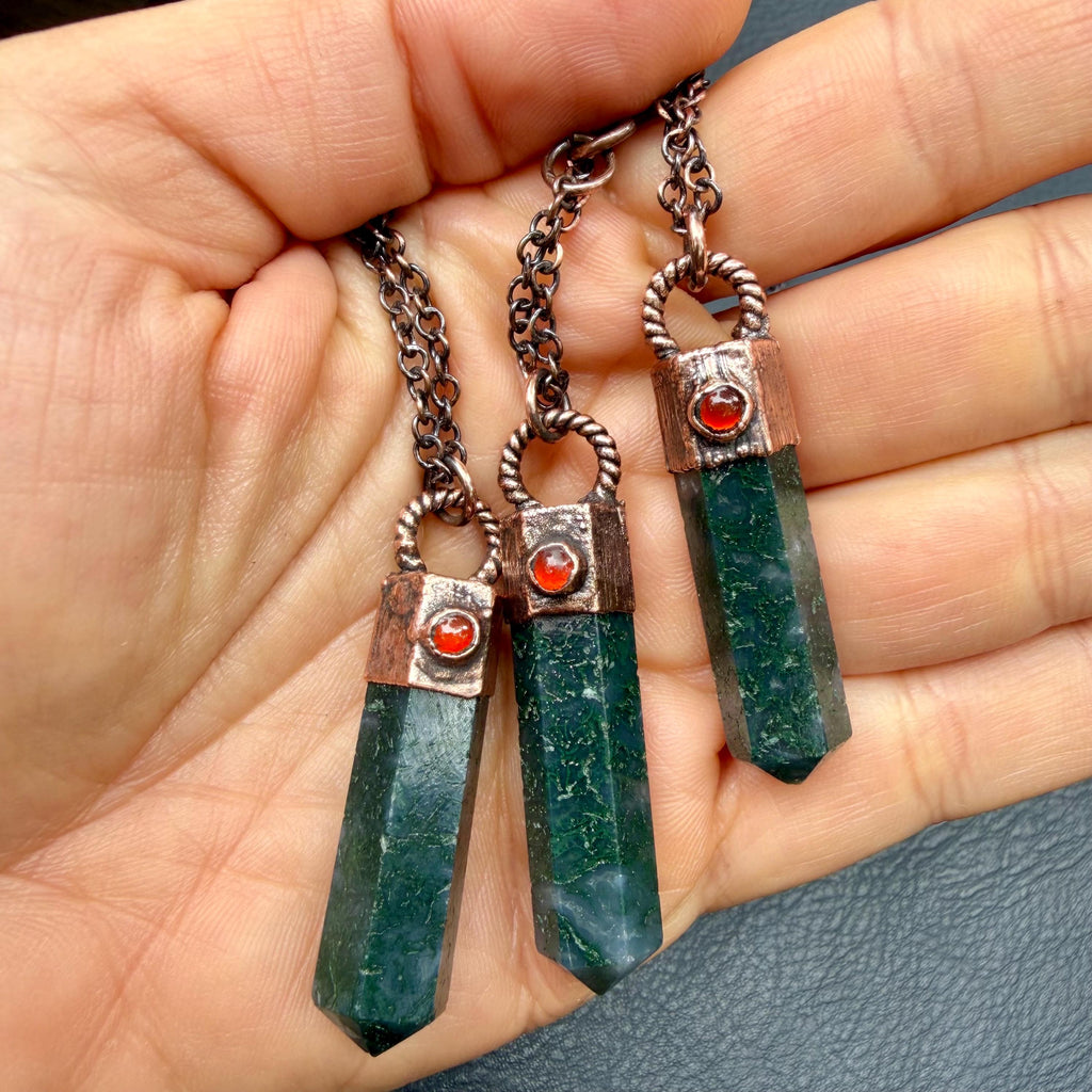 Moss Agate Crystal Point Necklace with Carnelian | Electroformed Copper Pendant | Handmade Patina Chain | Nature-Inspired Jewelry