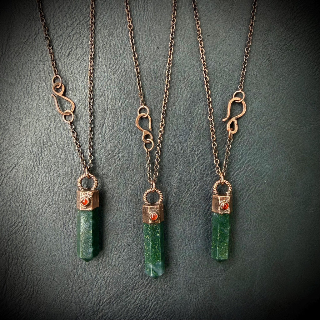 Moss Agate Crystal Point Necklace with Carnelian | Electroformed Copper Pendant | Handmade Patina Chain | Nature-Inspired Jewelry