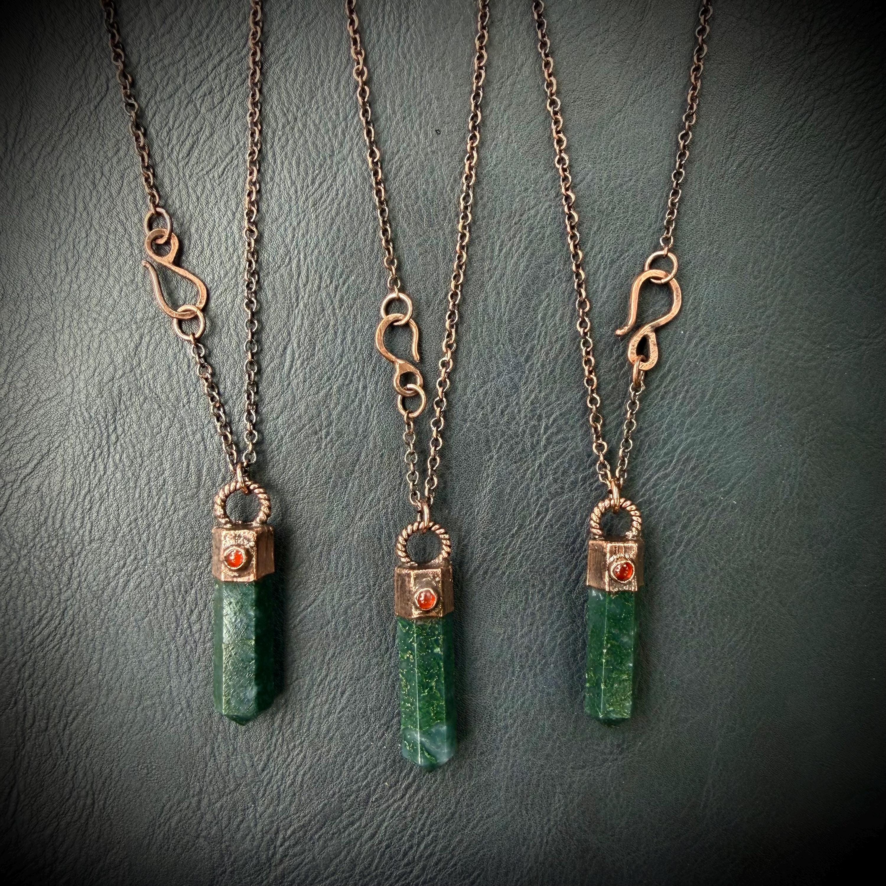 Moss Agate Crystal Point Necklace with Carnelian | Electroformed Copper Pendant | Handmade Patina Chain | Nature-Inspired Jewelry