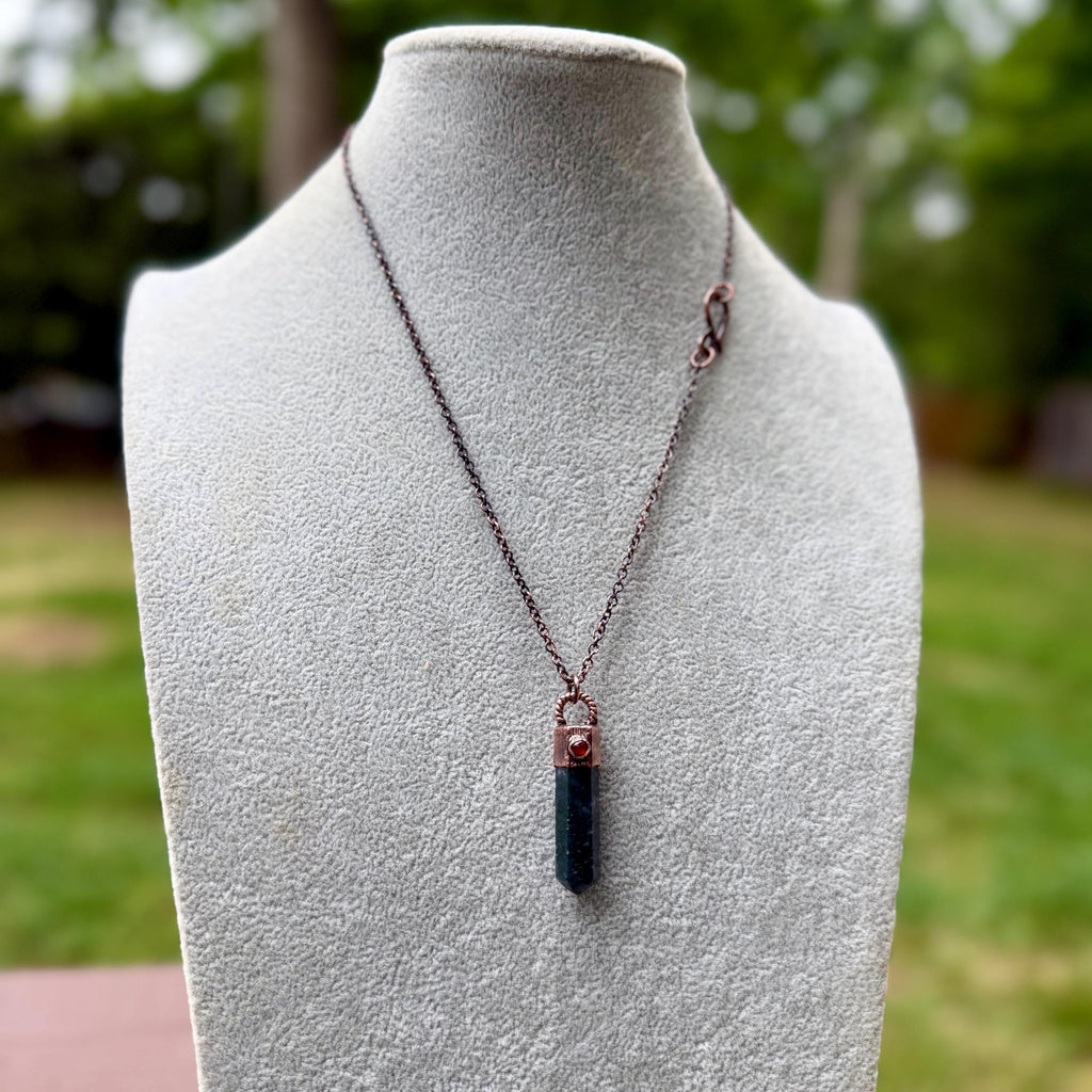 Moss Agate Crystal Point Necklace with Carnelian | Electroformed Copper Pendant | Handmade Patina Chain | Nature-Inspired Jewelry