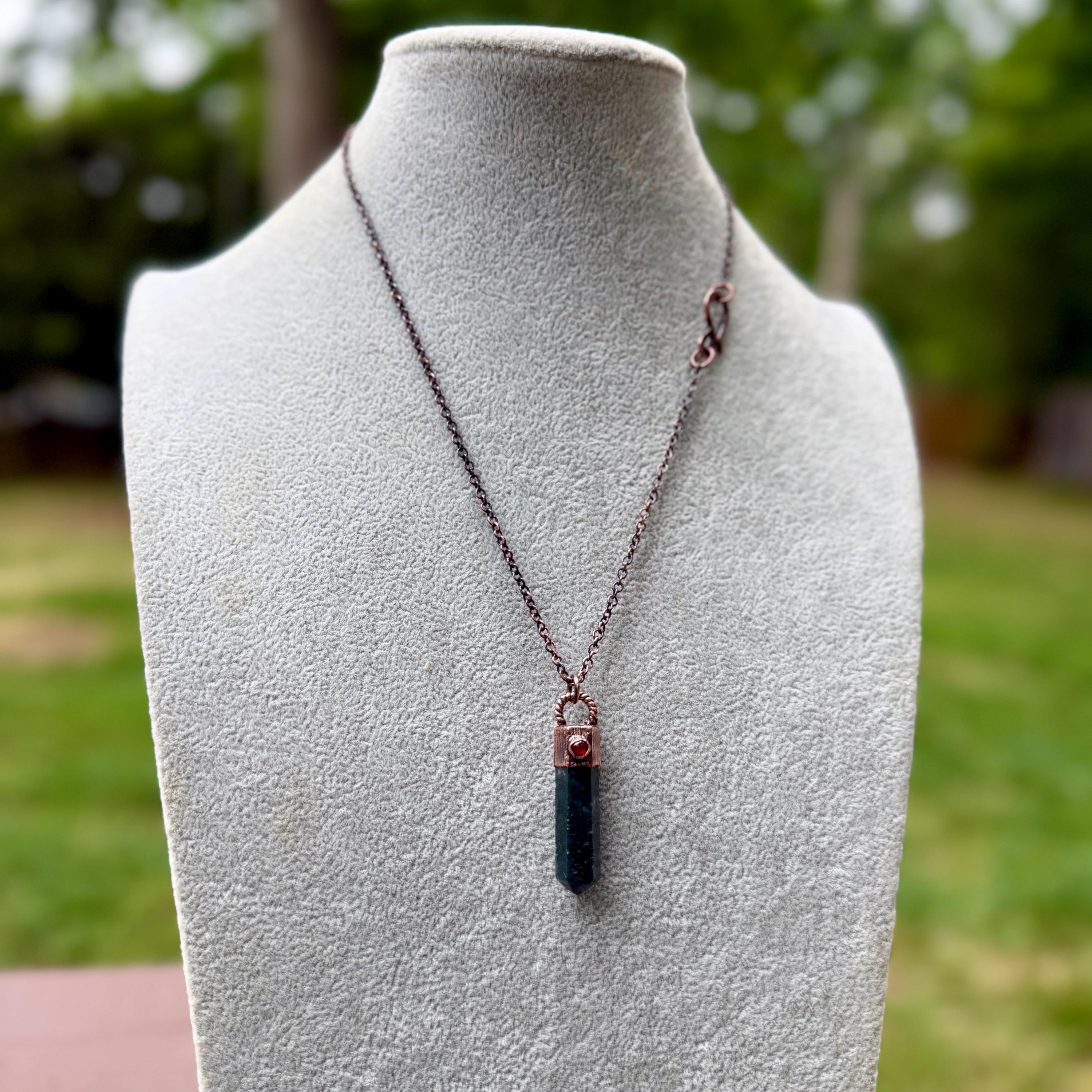 Moss Agate Crystal Point Necklace with Carnelian | Electroformed Copper Pendant | Handmade Patina Chain | Nature-Inspired Jewelry