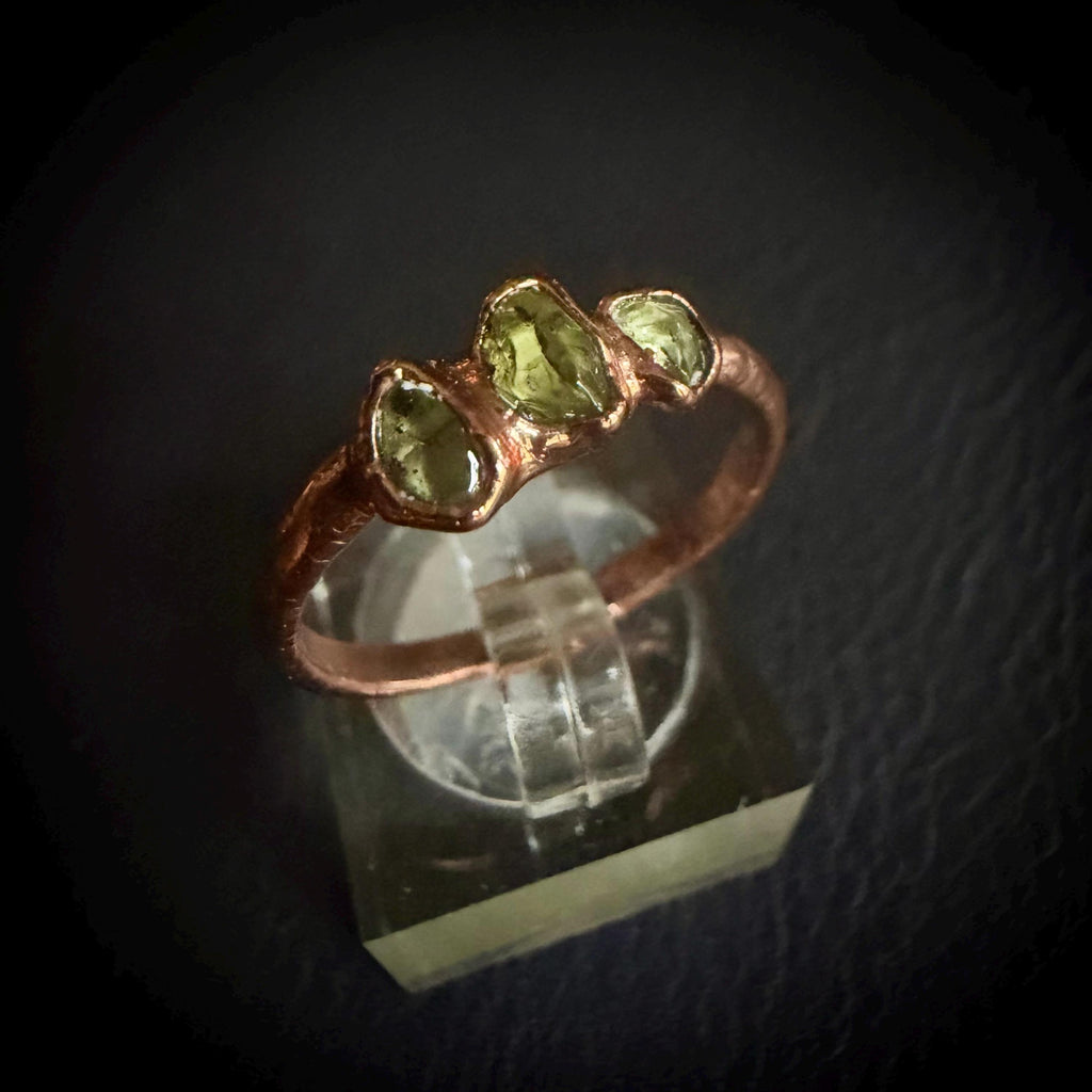 Peridot Three Stone Ring Size 7 | Electroformed Copper Ring | Handmade Crystal Jewelry | Boho Statement Ring | Custom Size Available
