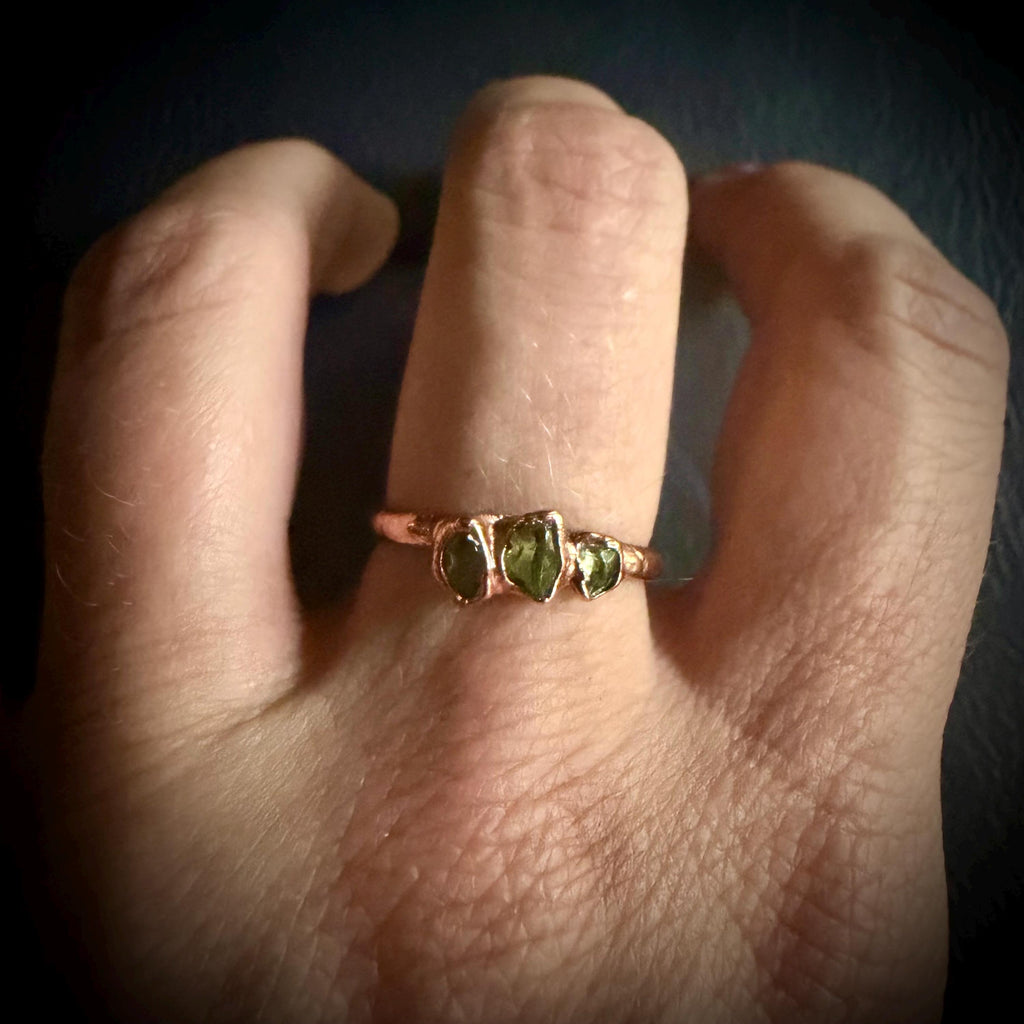 Peridot Three Stone Ring Size 7 | Electroformed Copper Ring | Handmade Crystal Jewelry | Boho Statement Ring | Custom Size Available