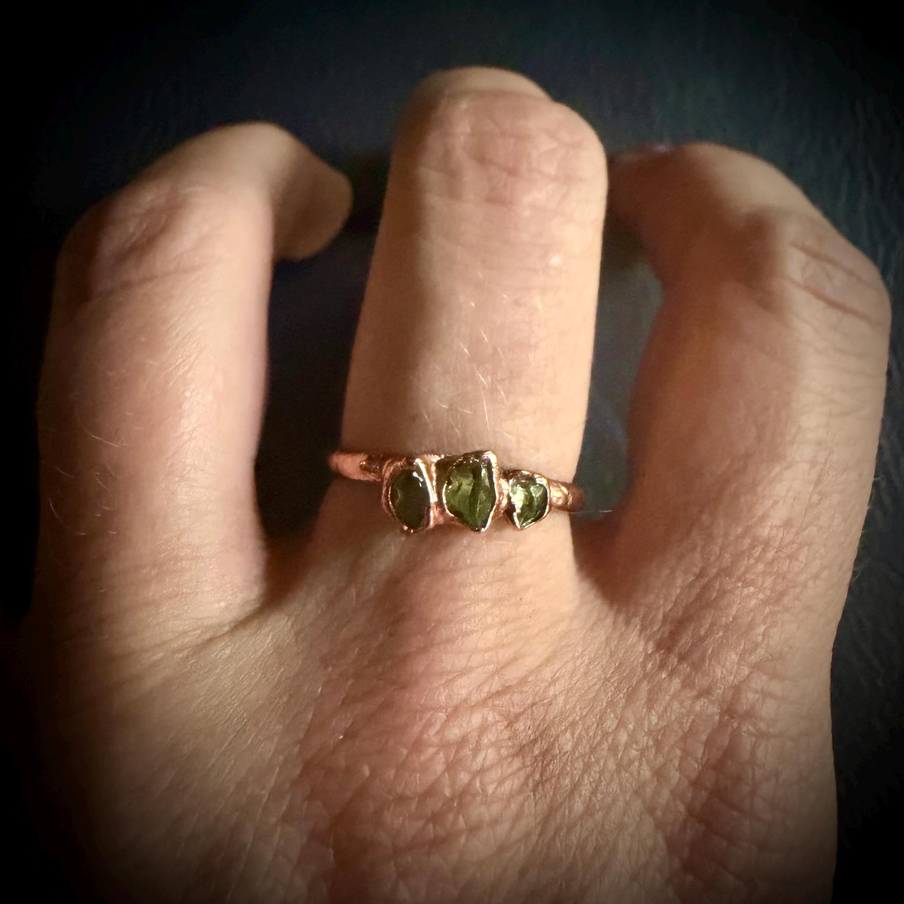 Peridot Three Stone Ring Size 7 | Electroformed Copper Ring | Handmade Crystal Jewelry | Boho Statement Ring | Custom Size Available