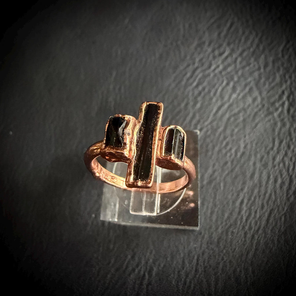 Black Tourmaline Three Stone Ring (Size 4 & 8) | Electroformed Copper Ring | Protective Crystal Jewelry | Handmade Boho Ring | Custom Size
