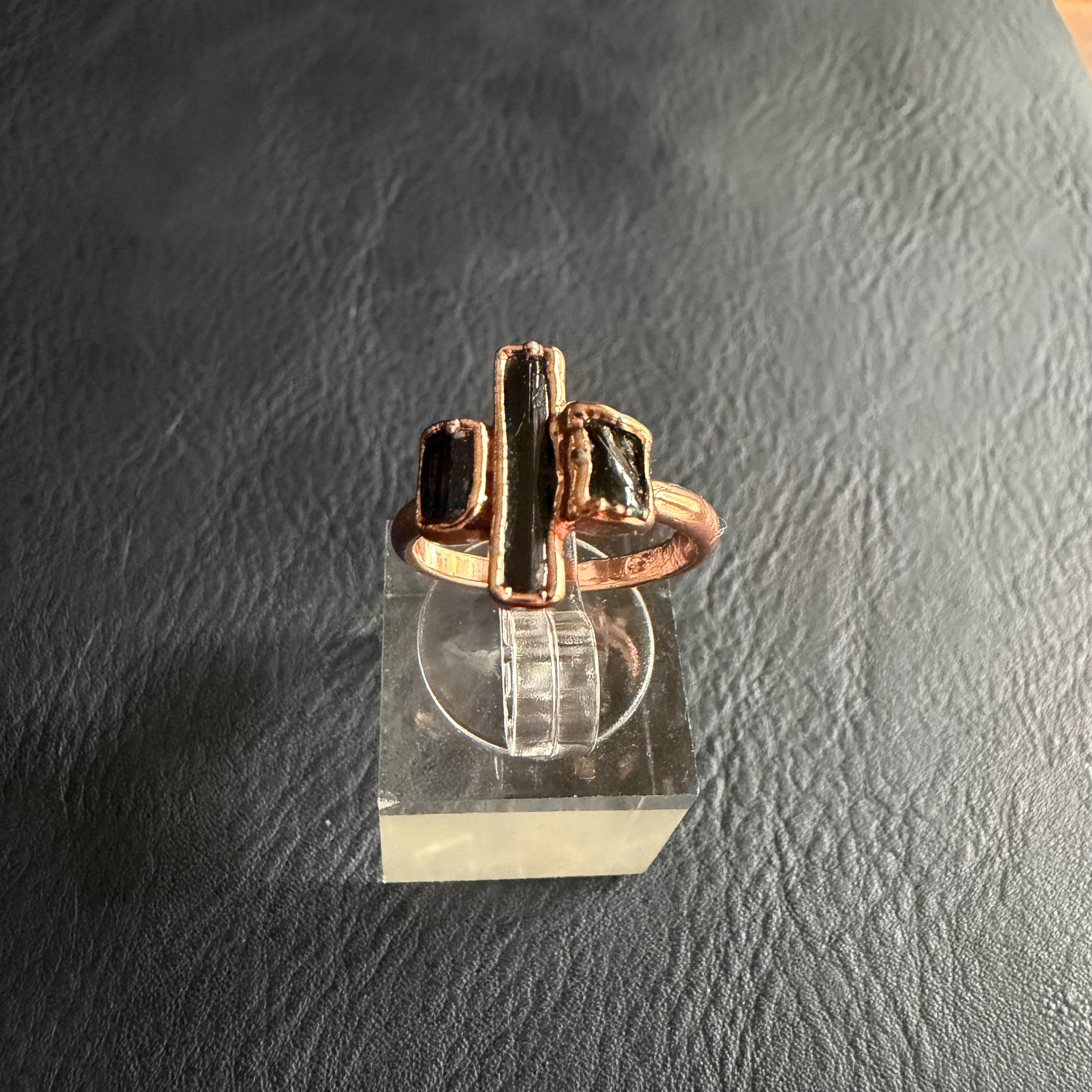 Black Tourmaline Three Stone Ring (Size 4 & 8) | Electroformed Copper Ring | Protective Crystal Jewelry | Handmade Boho Ring | Custom Size