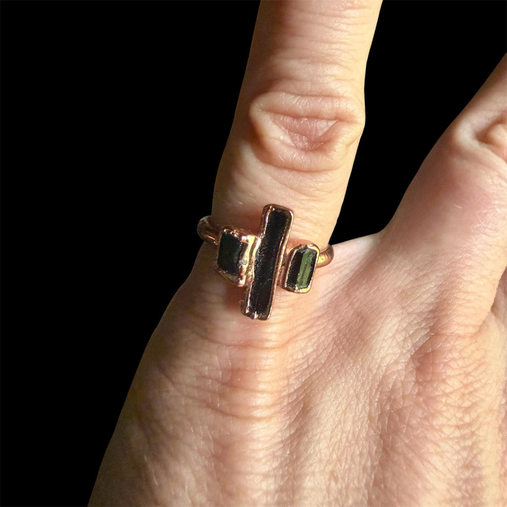 Black Tourmaline Three Stone Ring (Size 4 & 8) | Electroformed Copper Ring | Protective Crystal Jewelry | Handmade Boho Ring | Custom Size