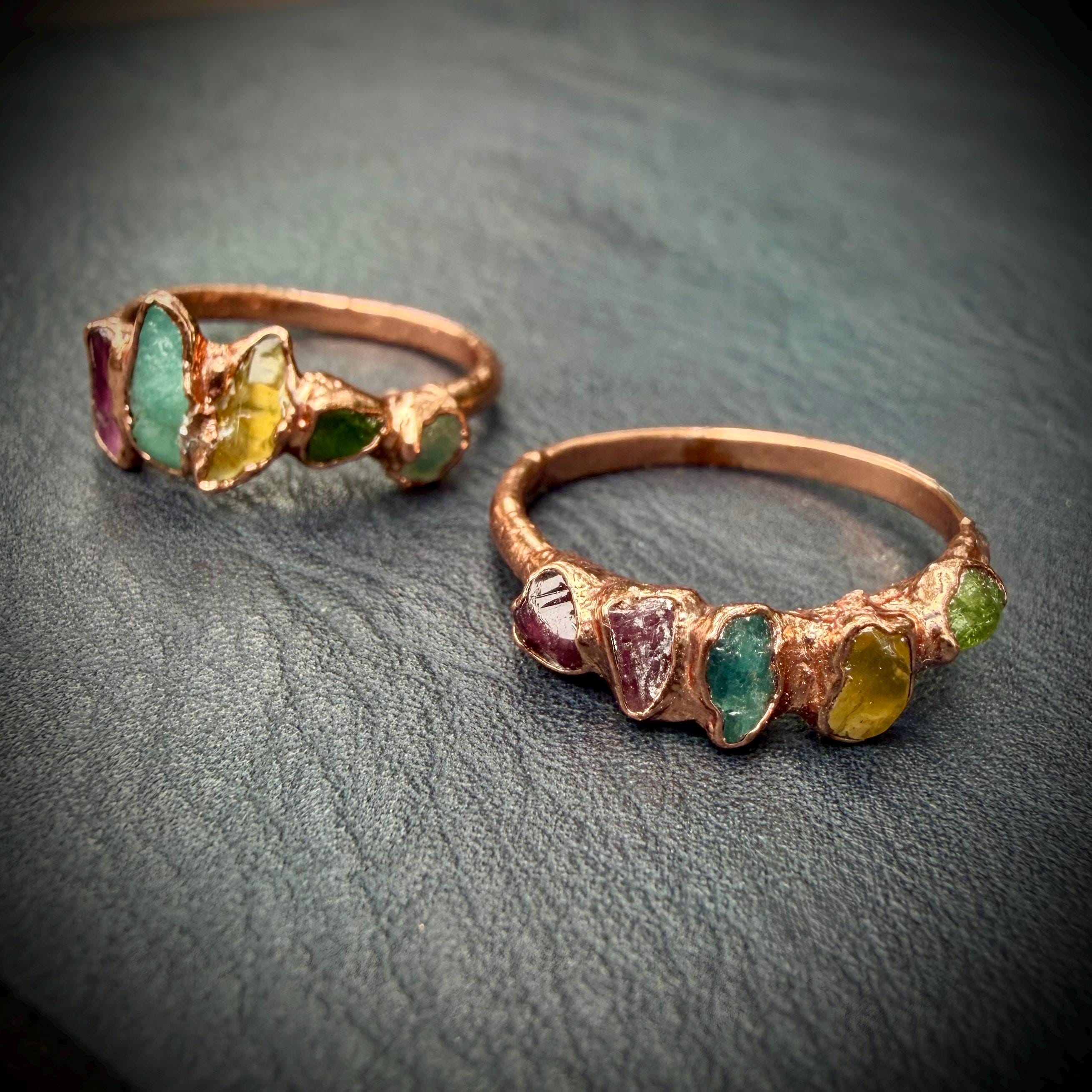 Rainbow Tourmaline Ring (Size 5 & 5.5) | Electroformed Copper Ring | Multicolor Crystal Jewelry | Handmade Boho Ring | Custom Size Available