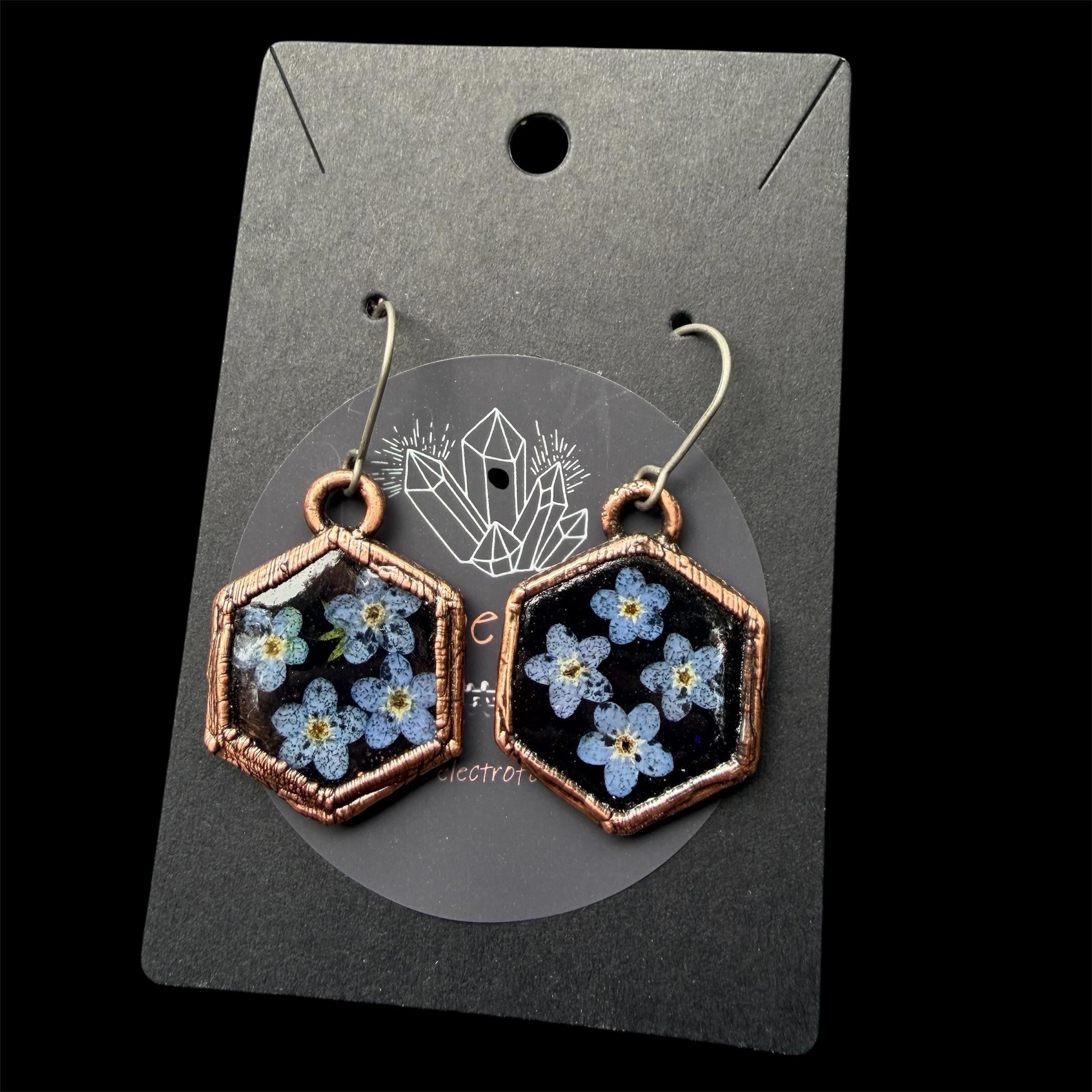Forget Me Not Flower Dangle Earrings – Electroformed Copper – Handmade Botanical Jewelry