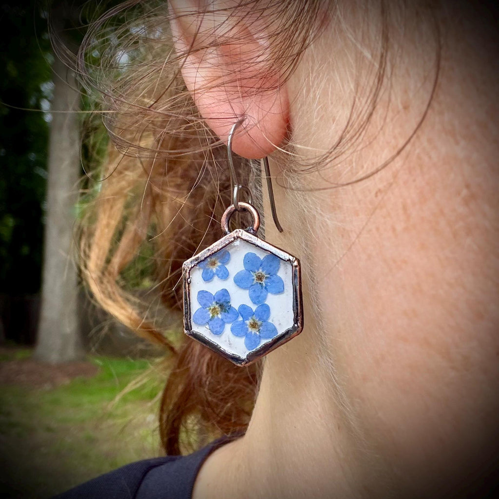 Forget Me Not Flower Dangle Earrings – Electroformed Copper – Handmade Botanical Jewelry