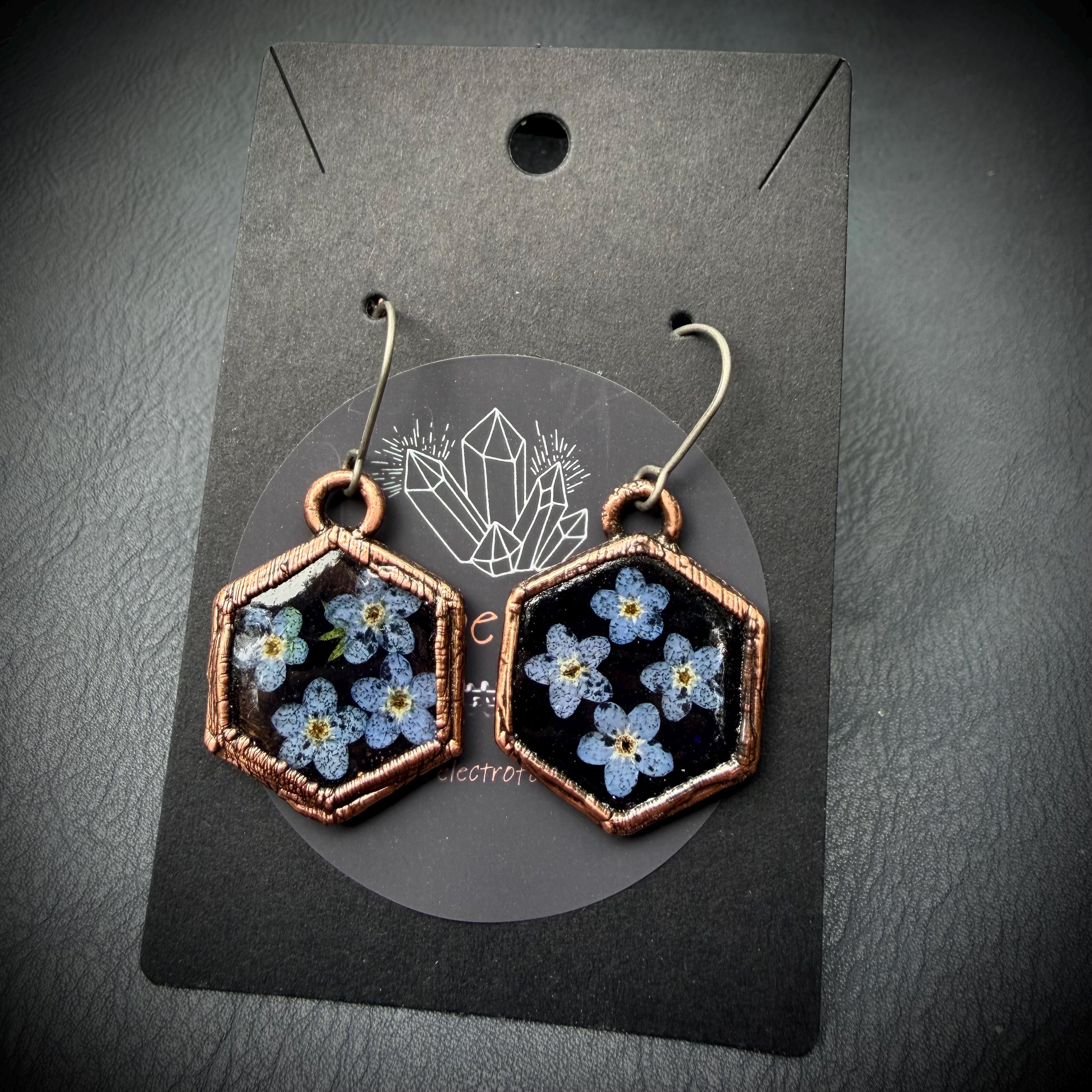 Forget Me Not Flower Dangle Earrings – Electroformed Copper – Handmade Botanical Jewelry