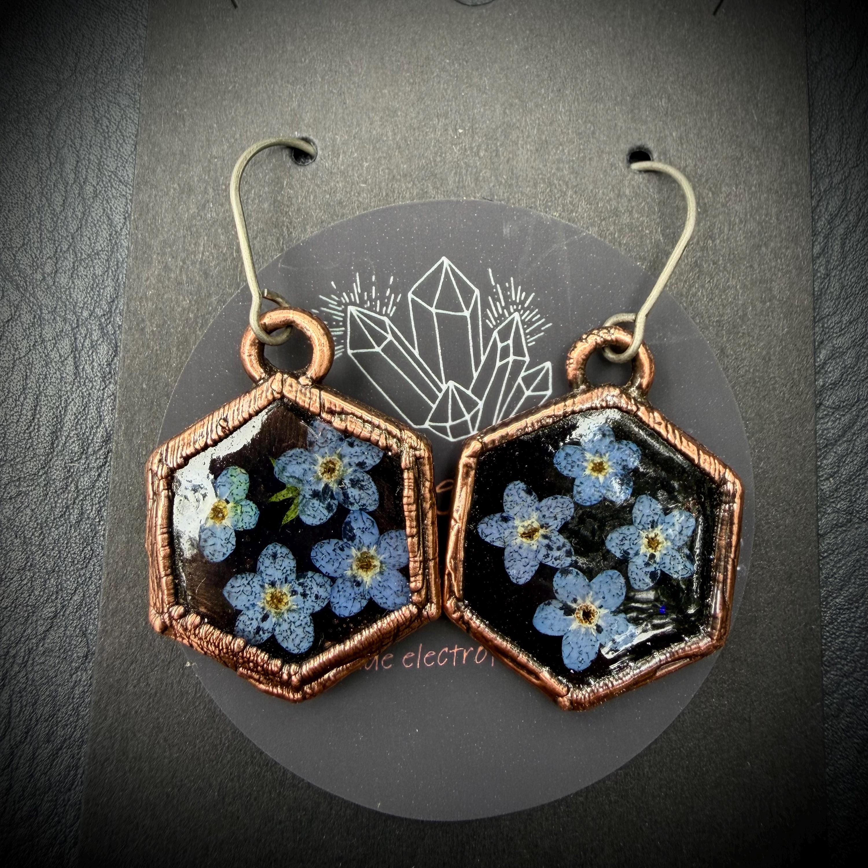 Forget Me Not Flower Dangle Earrings – Electroformed Copper – Handmade Botanical Jewelry