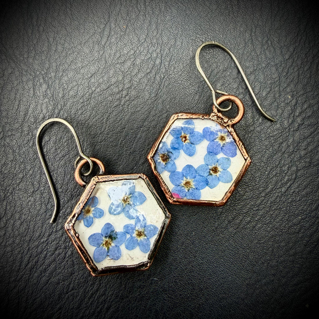 Forget Me Not Flower Dangle Earrings – Electroformed Copper – Handmade Botanical Jewelry